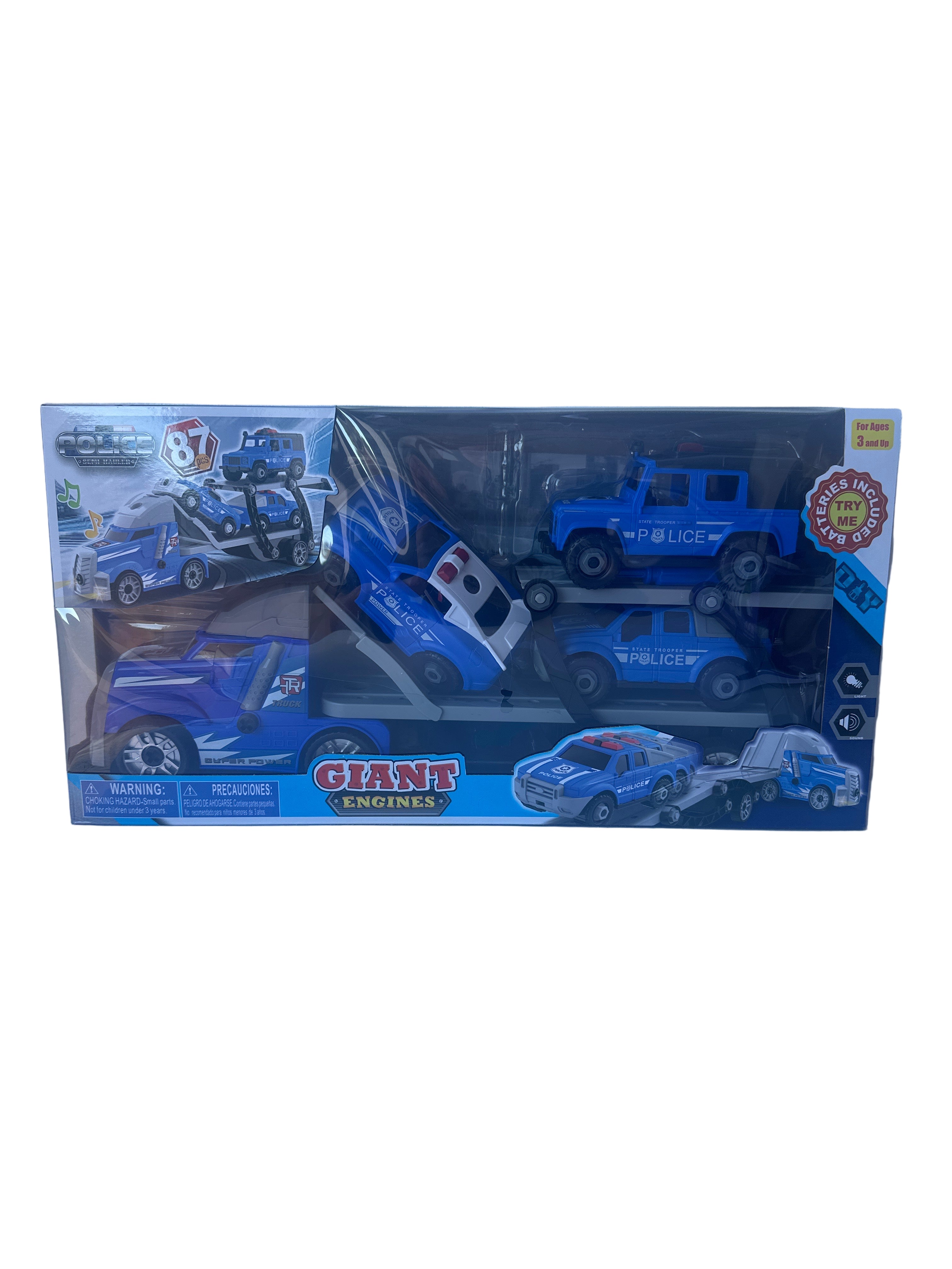 TAKE APART POLICE SEMI HAULER TRUCK 28” WITH OTHER VEHICLES WITH LIGHTS & SOUND (BATTERY INCLUDED) - 87 PCS