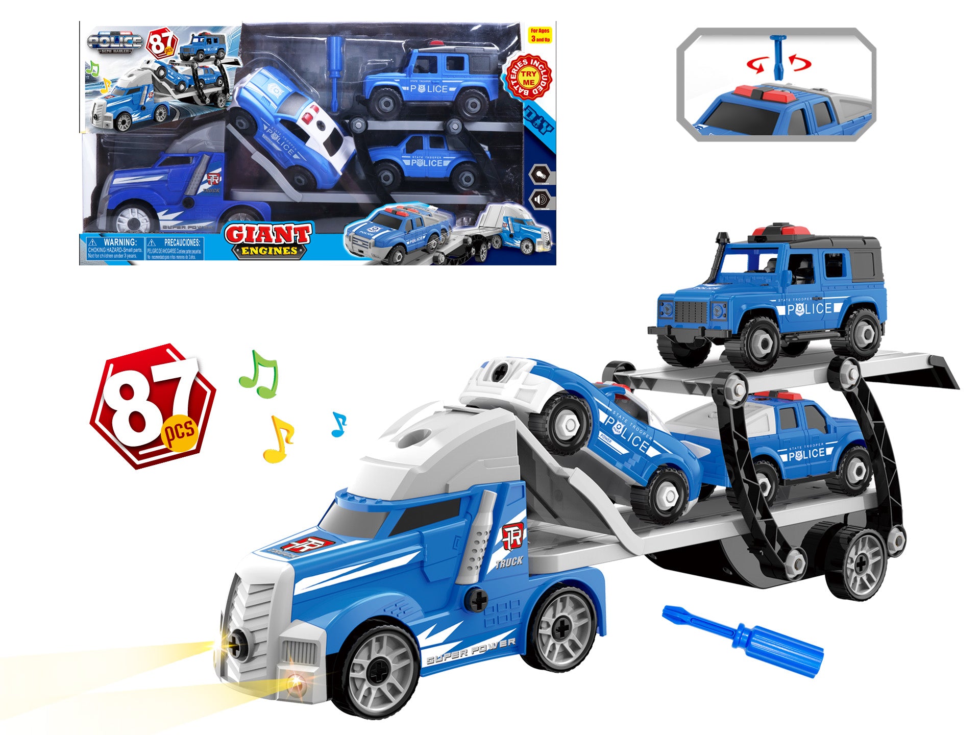 TAKE APART POLICE TRUCK WITH LIGHTS & SOUND - 87 PCS. SET 28" - (BATTERY OPERATED) ITEM 1199P