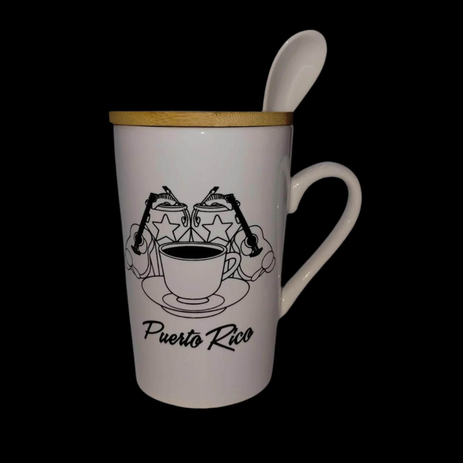 TAZA BLANCA CON CUCHARA Y TAPA EN MADERA CON DISEÑOS DE PUERTO RICO