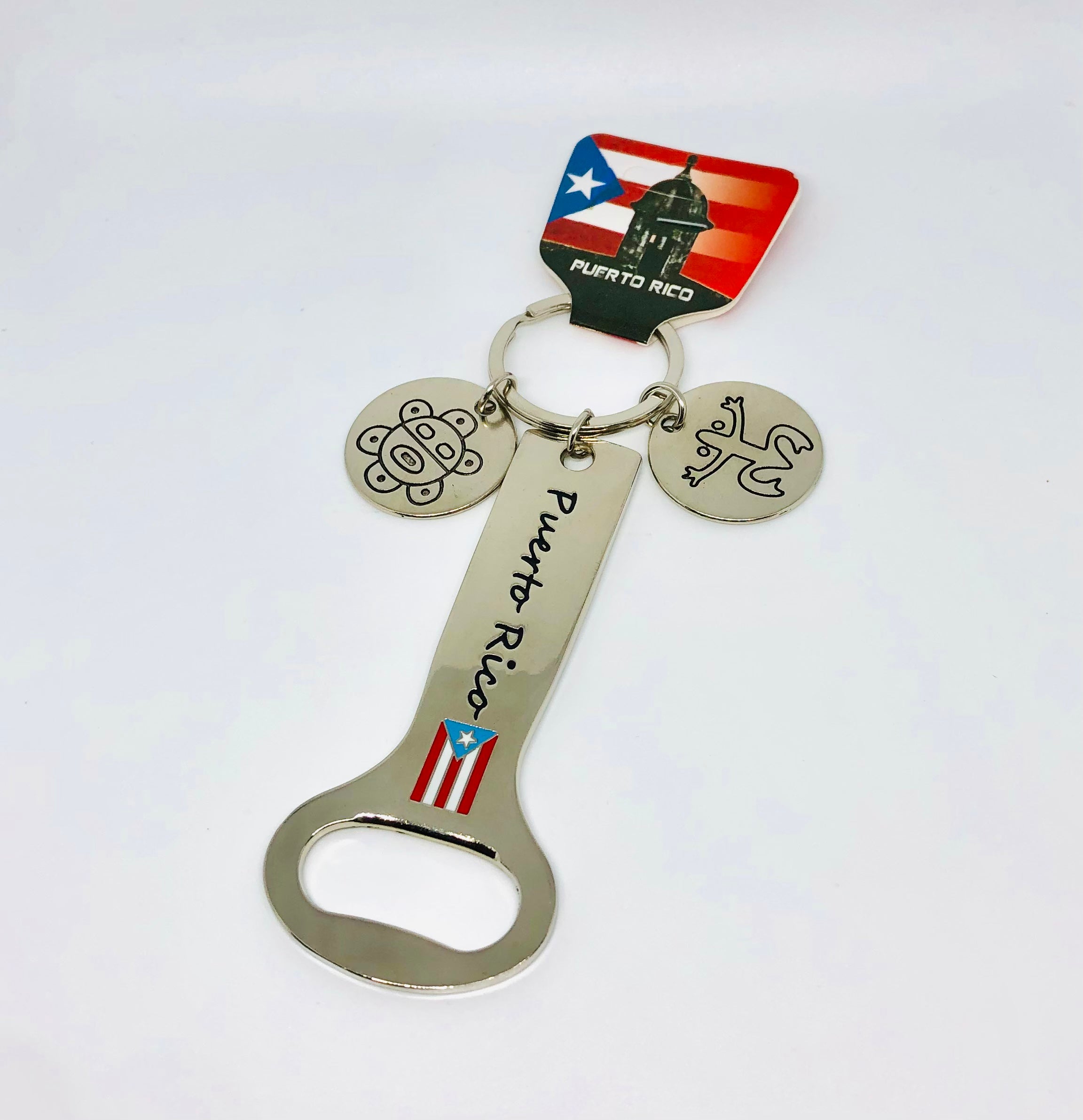 Llavero y abridor de botellas con bandera de Puerto Rico,sol y coquí Taíno