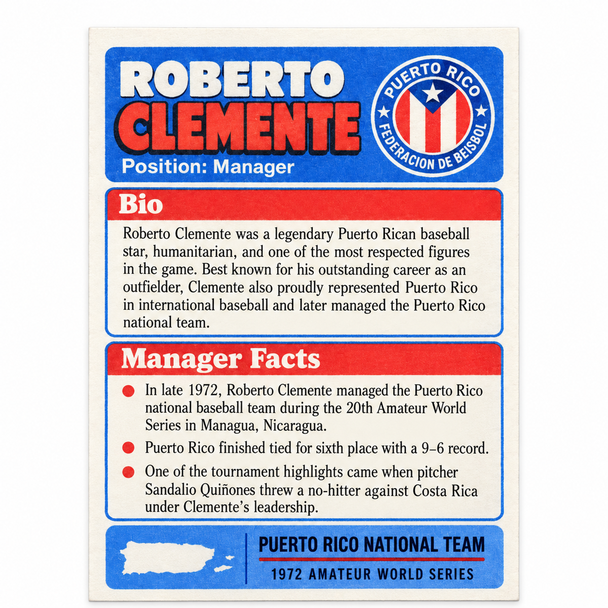 ROBERTO CLEMENTE BASEBALL PUERTO RICO TRADING CARD / TARJETA DEPORTIVA ROBERTO CLEMENTE PUERTO RICO.