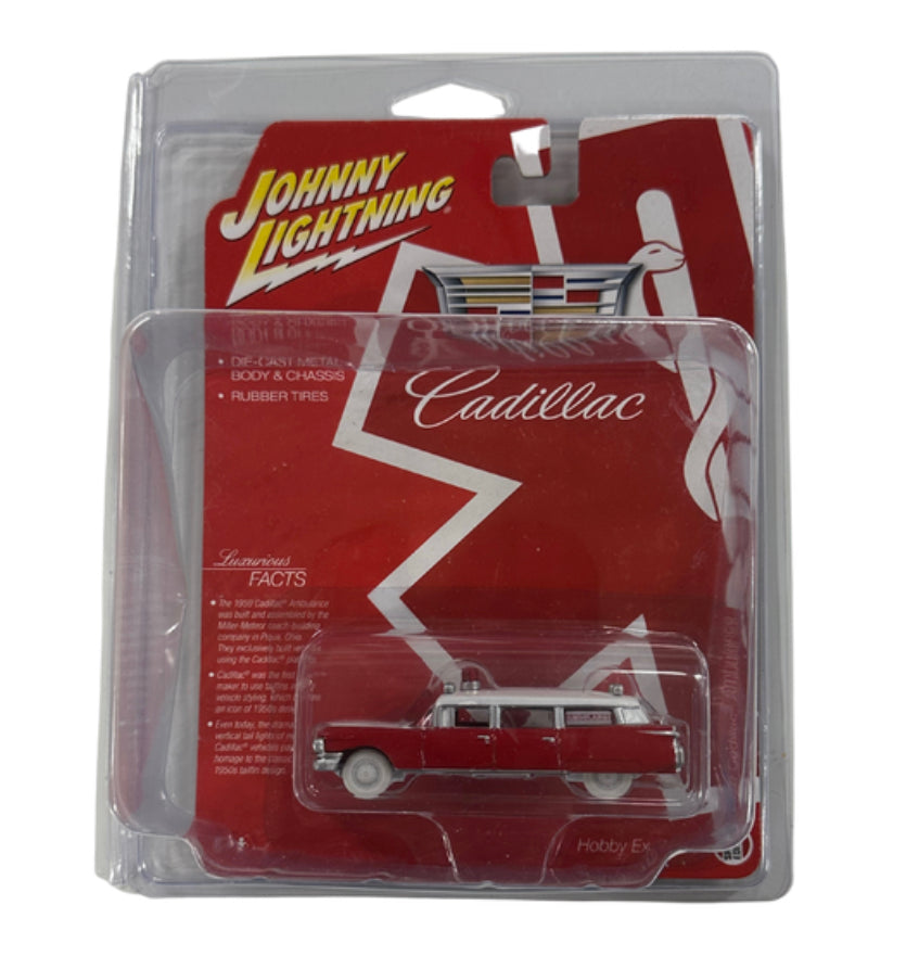 1:64 JOHNNY LIGHTNING 1959 CADILLAC AMBULANCE "HOBBY EXCLUSIVE" "CHASE" (WHITE LIGHTNING EDITION)