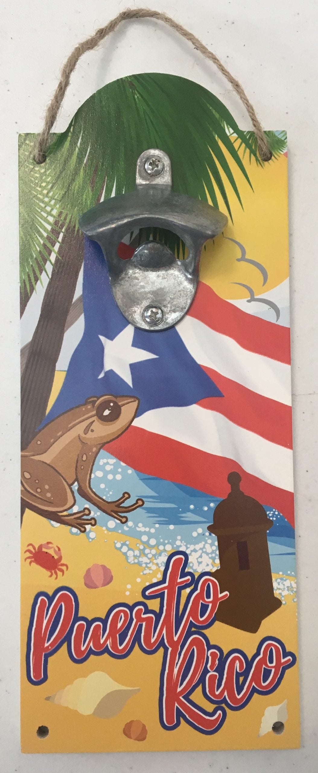 Destapador de Botella en forma de Garita ''Bottle opener'' de 12''- Coquí en la playa, con la garita