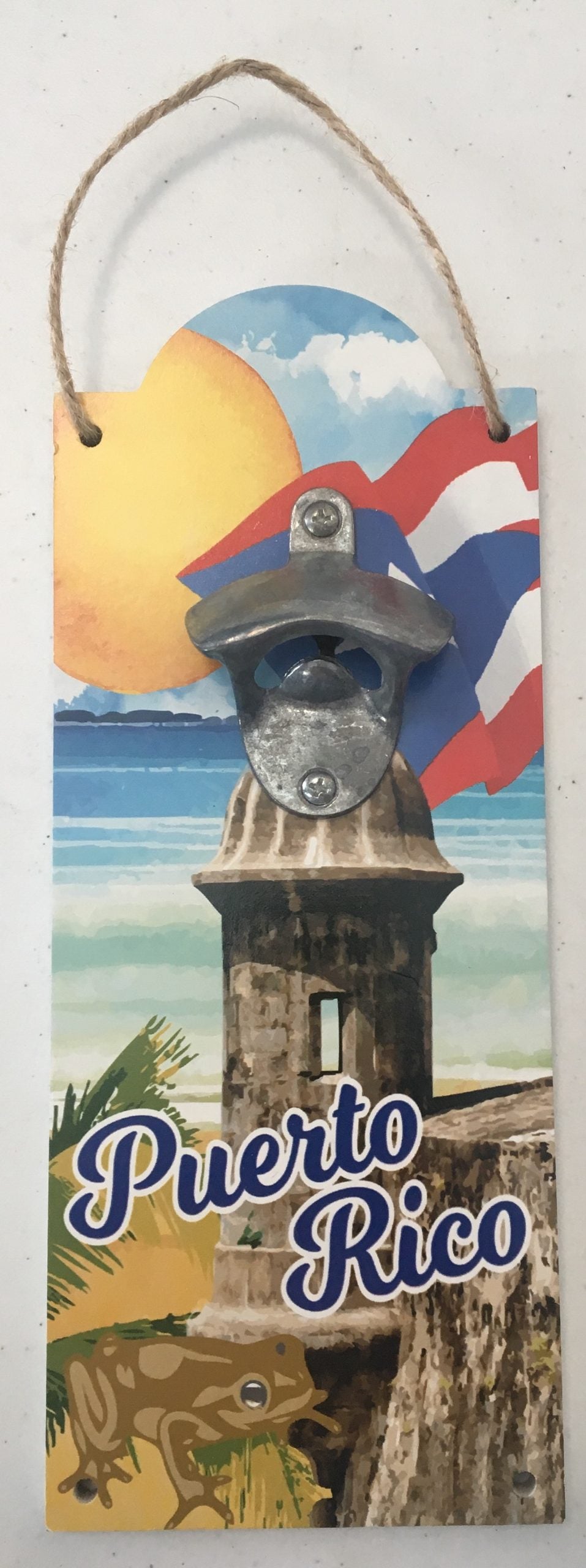 Destapador de Botella en forma de Garita ''Bottle opener'' de 12''- Garita, coquí, sol y bandera.