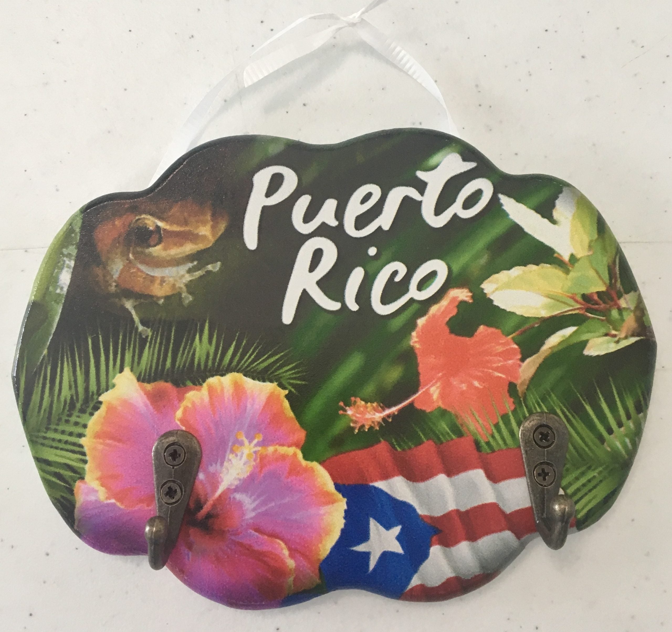 Porta llave ovalado (key Holder) - Flores y coquí con la bandera de Puerto Rico
