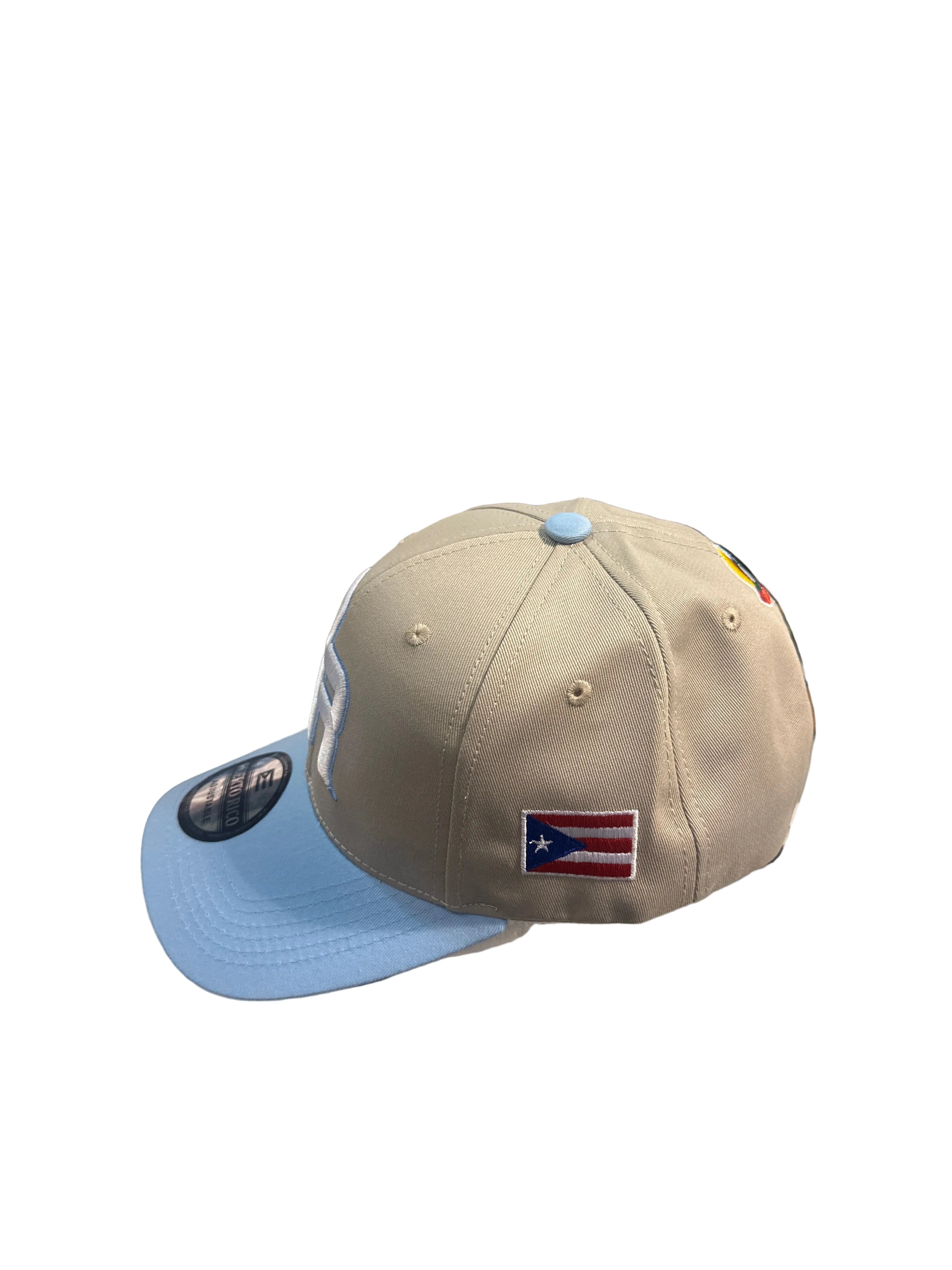 GORRA DE PUERTO RICO -
BEIGE CON AZUL CLARO (BABY BLUE).