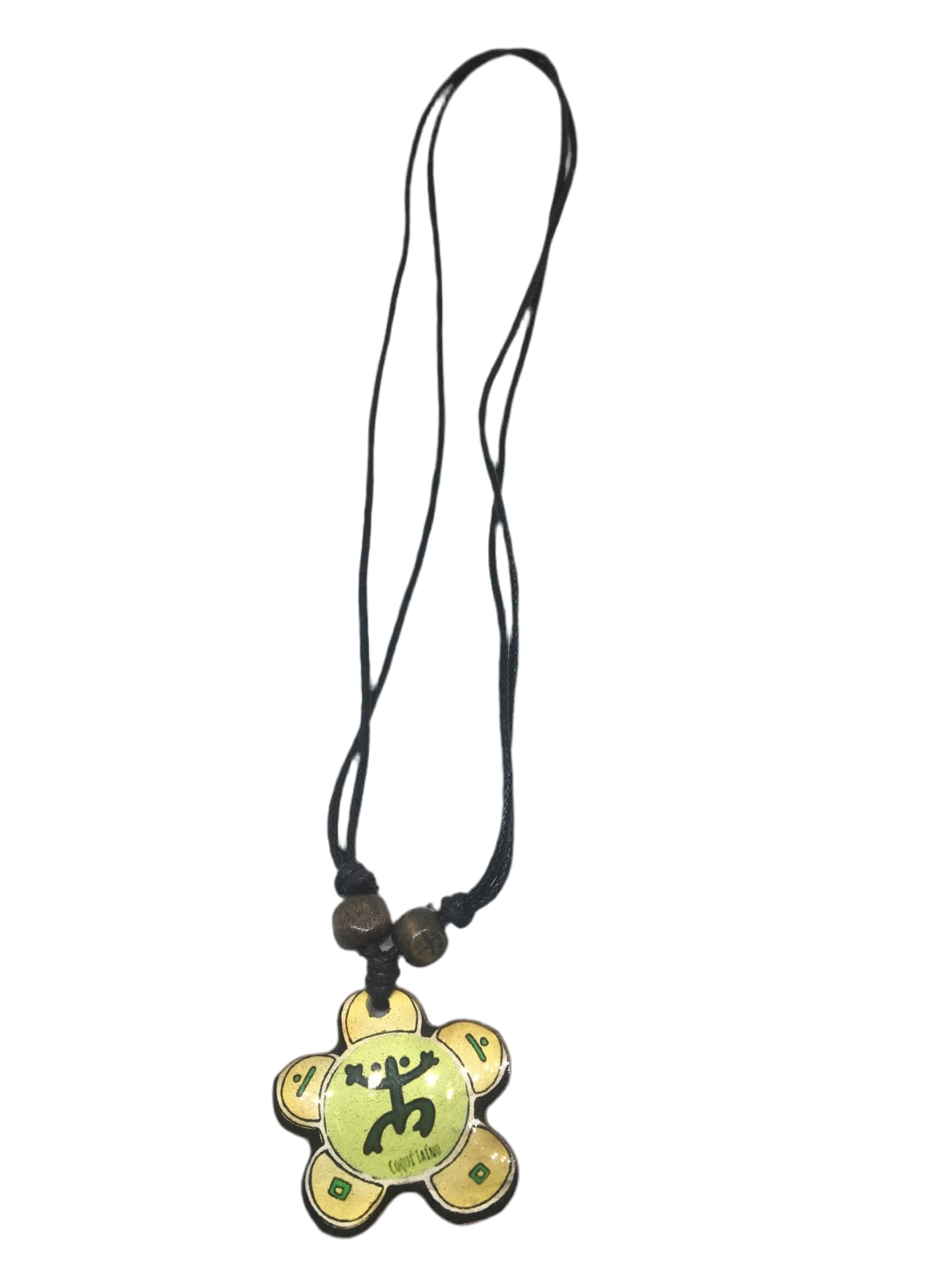 Collar de PR ajustable hecho en madera- Forma del sol Taíno con Coqui Taíno dentro