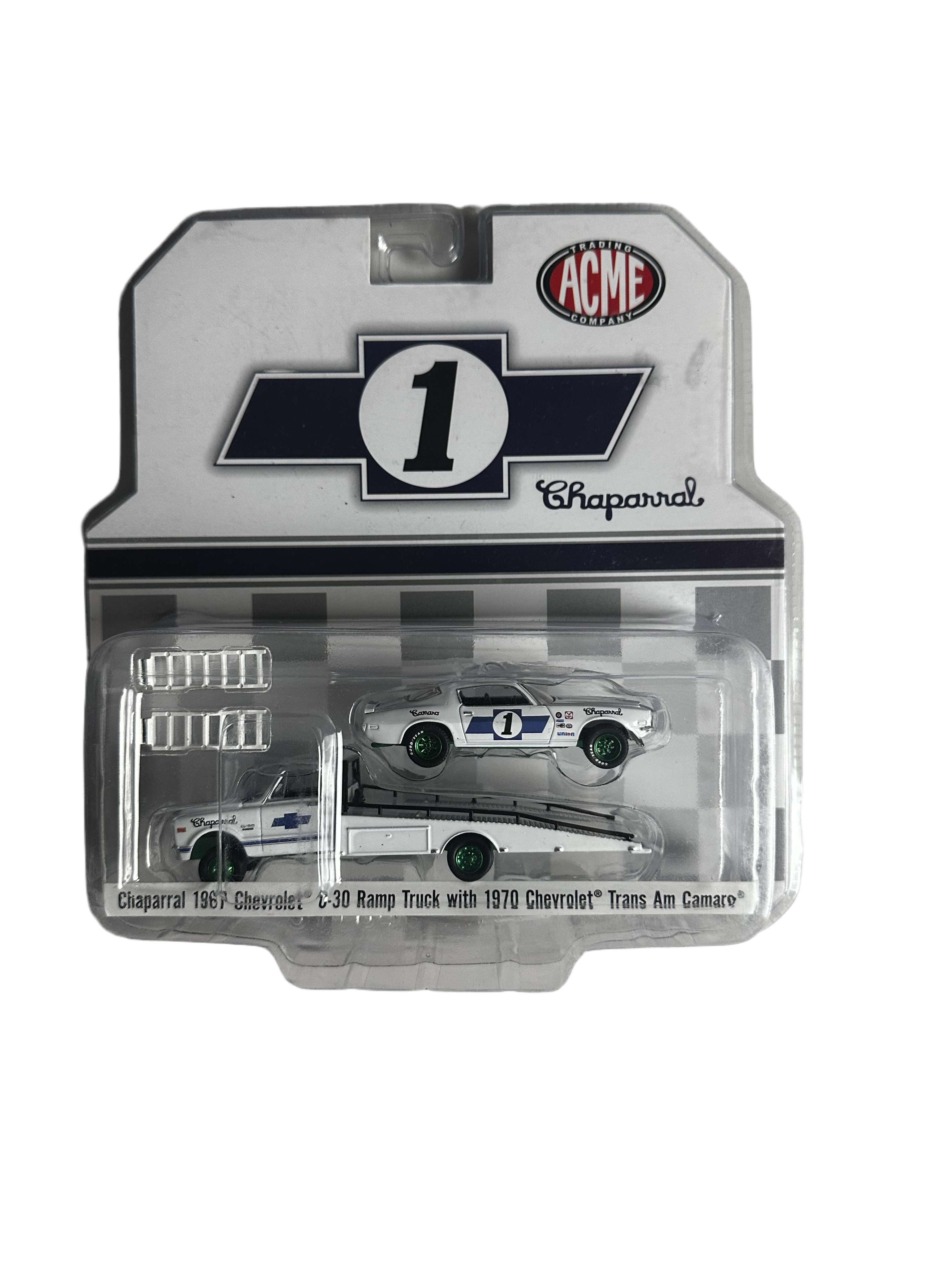 1/64 1967 CHEVROLET C-30 RAMP TRUCH WITH 1970 CHEVROLET TRANS AM CAMARO - CHAPARRAL “CHASE” (GREEN RIMS VARIATION)