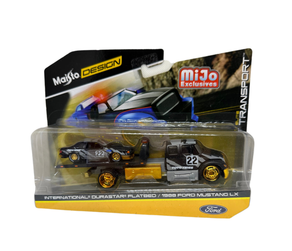 1/64 INTERNATIONAL DURASTAR FLATBED / 1988 FORD MUSTANG LX "CHASE" *RARE SPECIAL EDITION* (GOLD RIMS) - ELITE TRANSPORT