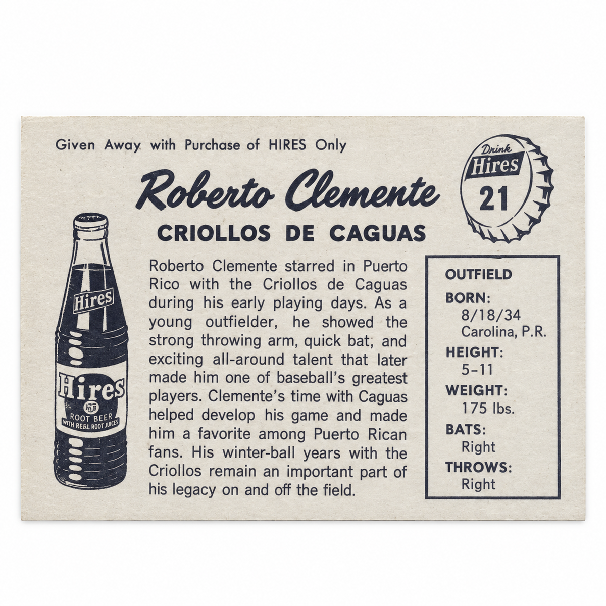 ROBERTO CLEMENTE BASEBALL CRIOLLOS DE CAGUAS TRADING CARD / TARJETA DEPORTIVA ROBERTO CLEMENTE CRIOLLOS DE CAGUAS
