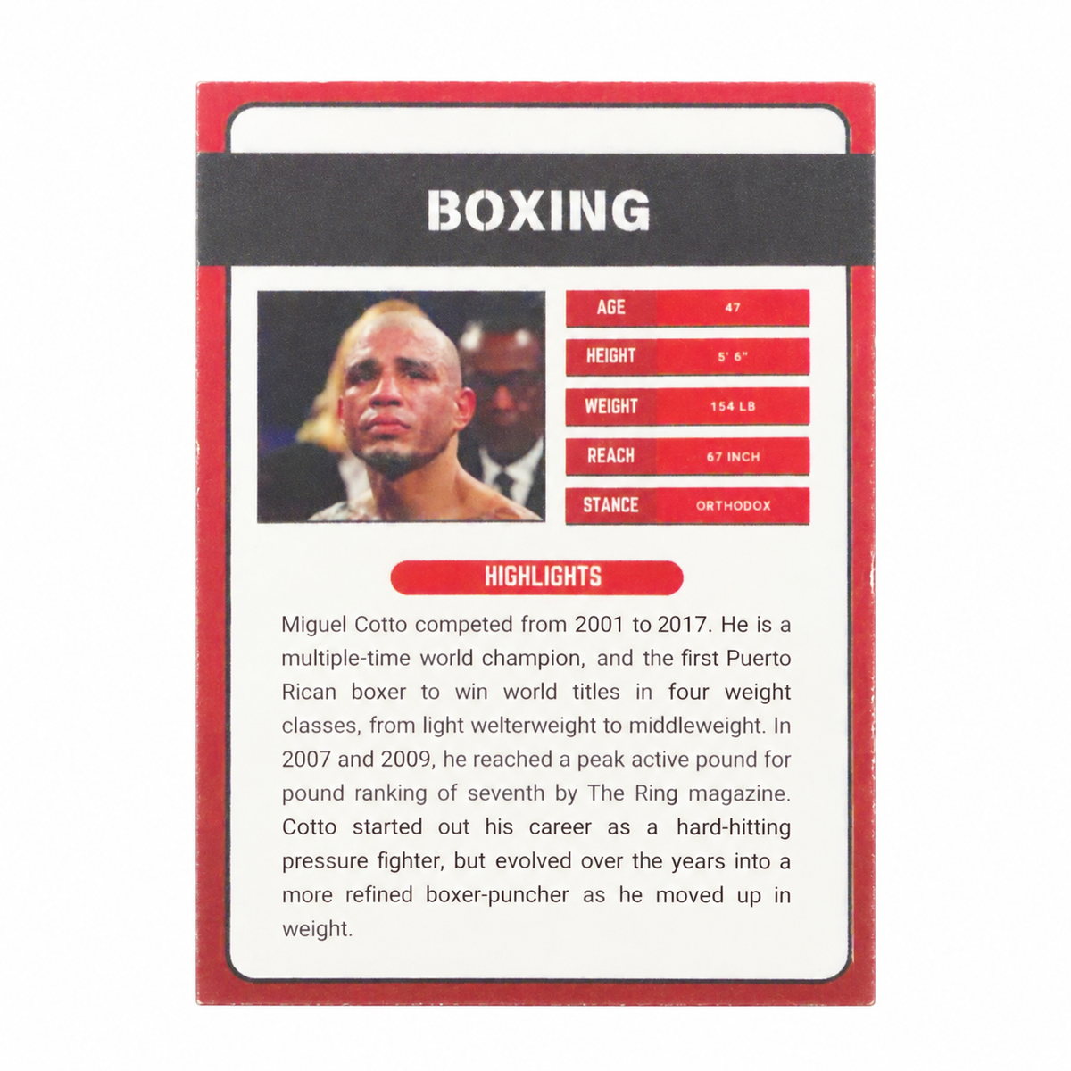 MIGUEL COTTO BOXING TRADING CARD / TARJETA COLECCIONABLE BOXEADOR MIGUEL COTTO DE PUERTO RICO