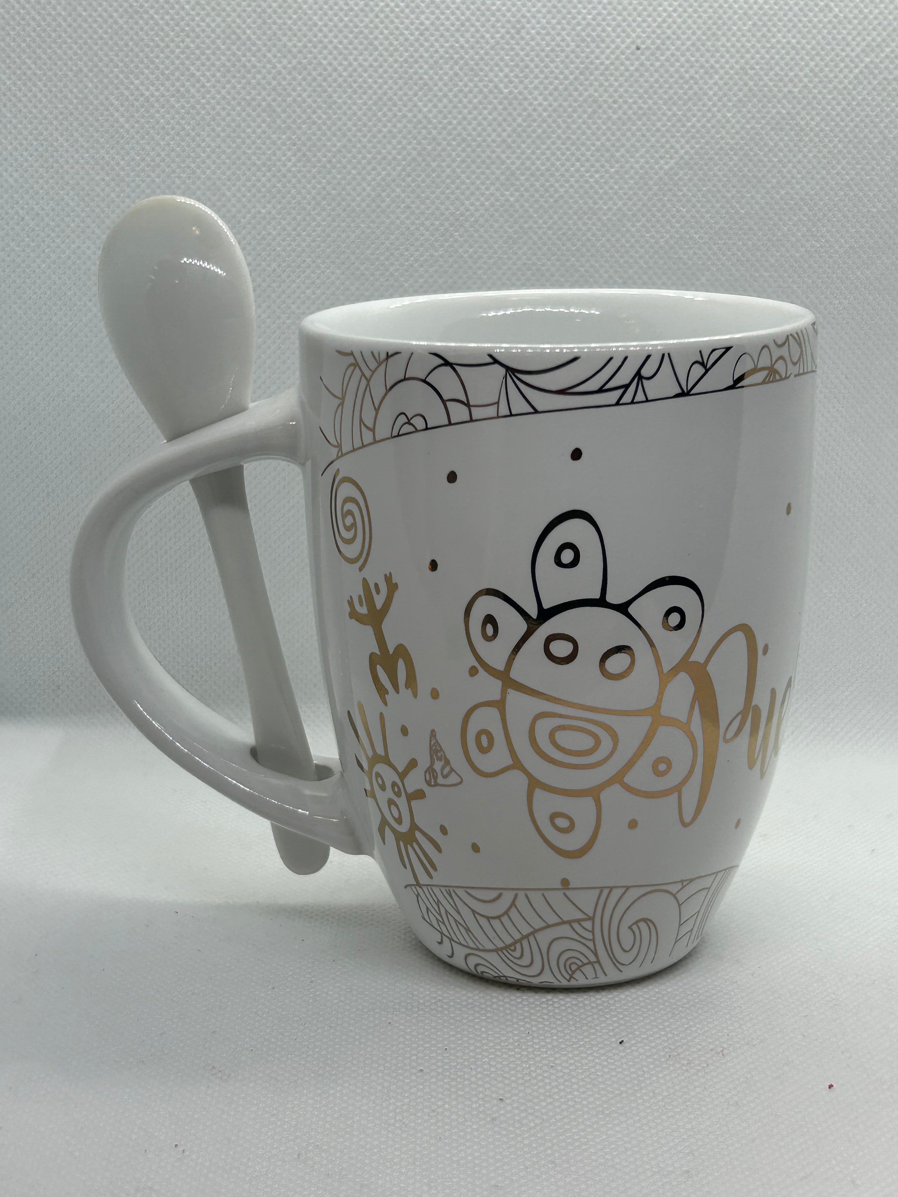 TAZA CON CUCHARA - BLANCO CON LETRAS ORO