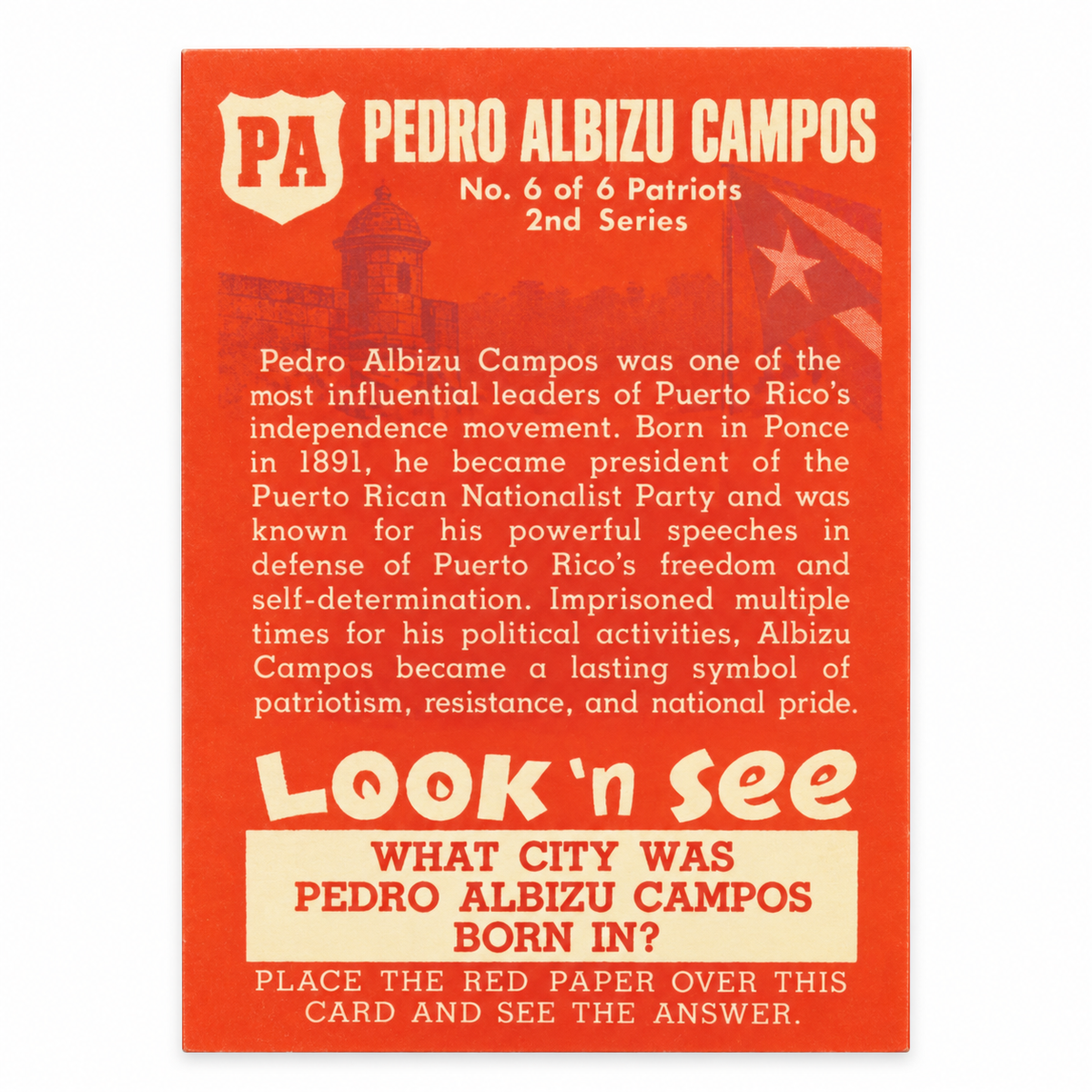 PEDRO ALBIZU CAMPOS TRADING CARD / TARJETA COLECCIONABLE PEDRO ALBIZU CAMPOS