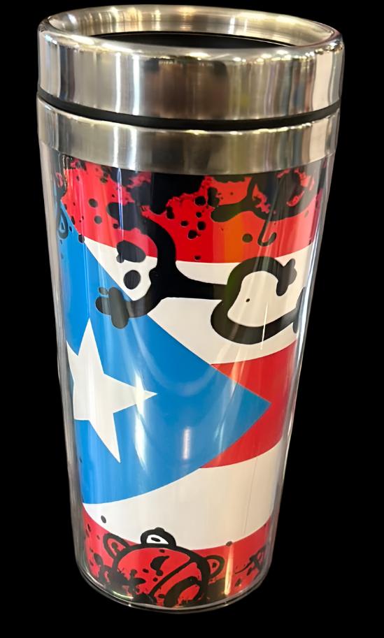 THERMAL GLASS FLAG WITH COQUI TAINO - VASO THERMAL CON DISEÑO DE BANDERA Y SIMBOLOS TAINOS DE PUERTO RICO