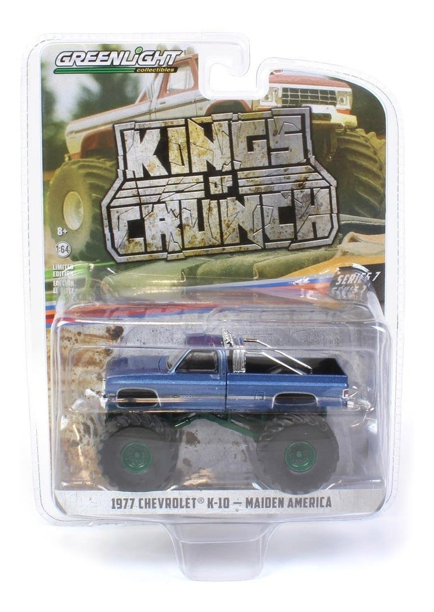 1/64 1977 CHEVROLET K-10 MAIDEN AMERICA - KING OF CRUNCH "CHASE" (GREEN RIMS VARIATION)