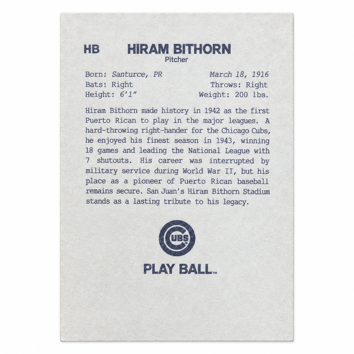 HIRAM BITHORN BASEBALL TRADING CARD / TARJETA DEPORTIVA HIRAM NITHORN
