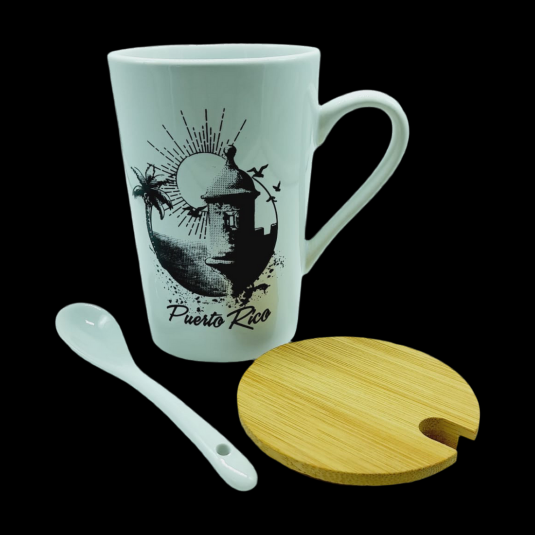 TAZA BLANCA CON CUCHARA Y TAPA EN MADERA CON DISEÑOS DE PUERTO RICO