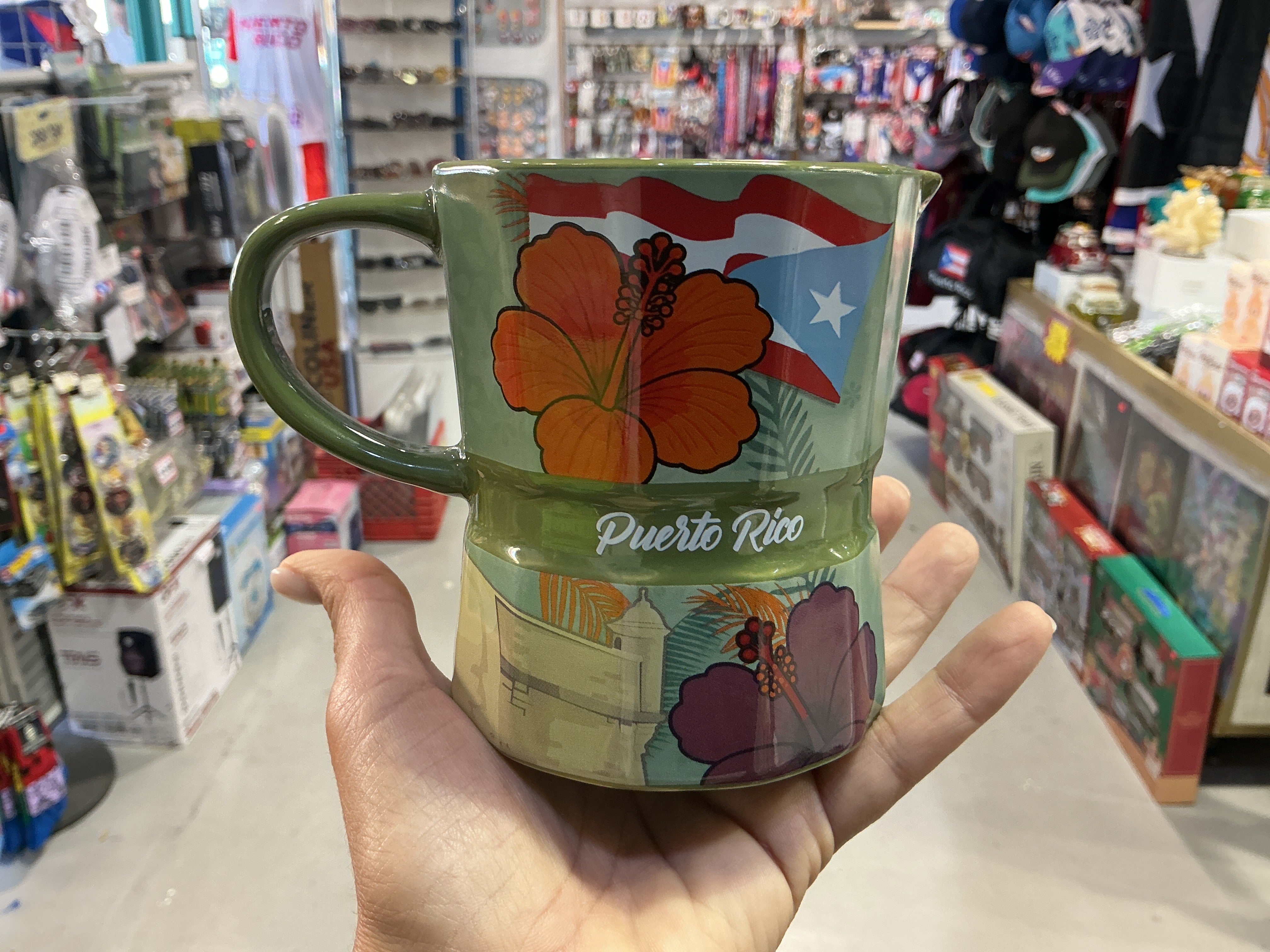 TAZA GRECA VERDE/ AMAPOLA/ GARITA Y BANDERA