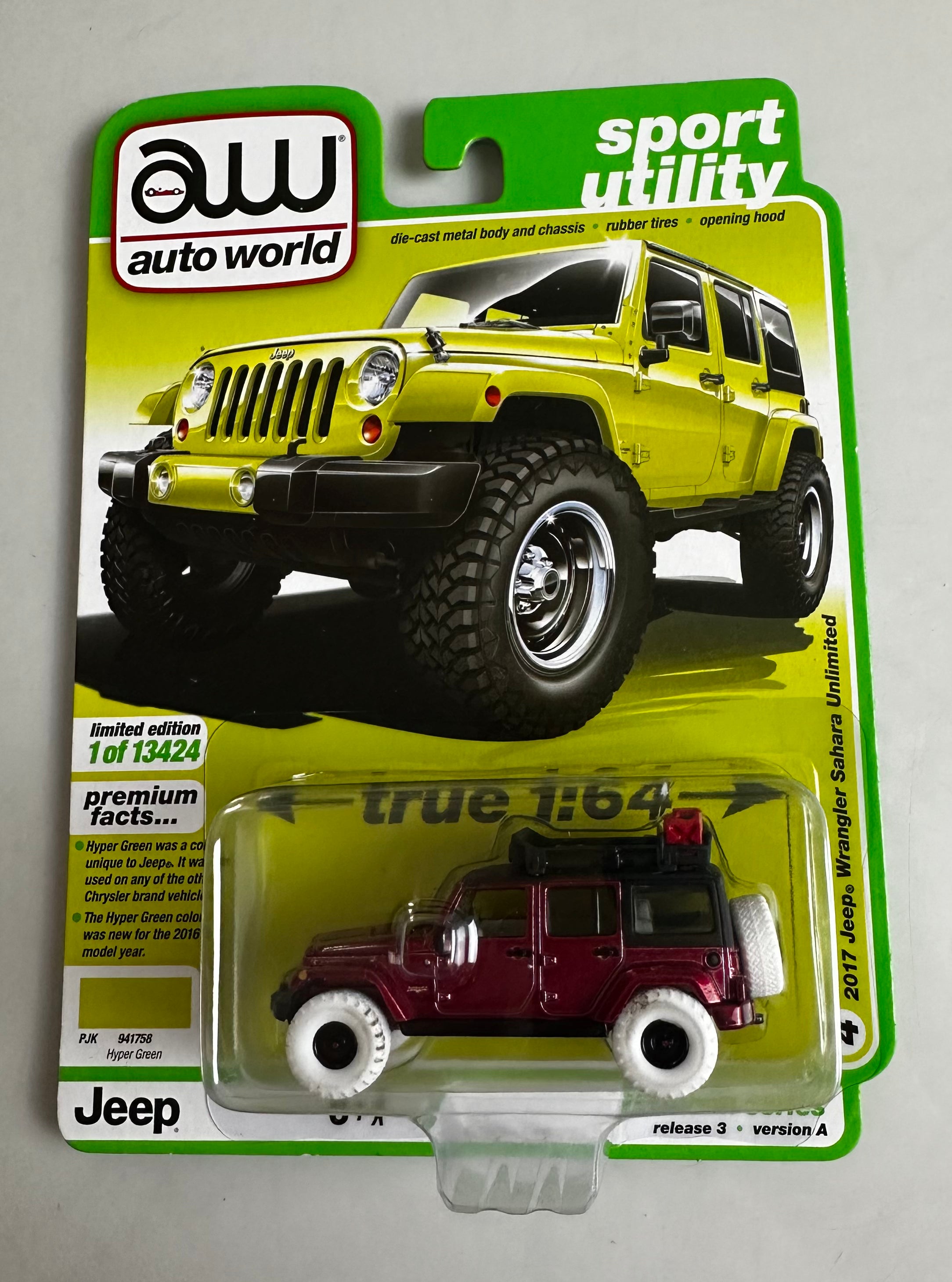 1/64 2017 JEEP WRANGLER SAHARA UNLIMITED - HYPER GREEN “CHASE” (WHITE TIRES VARIATION)