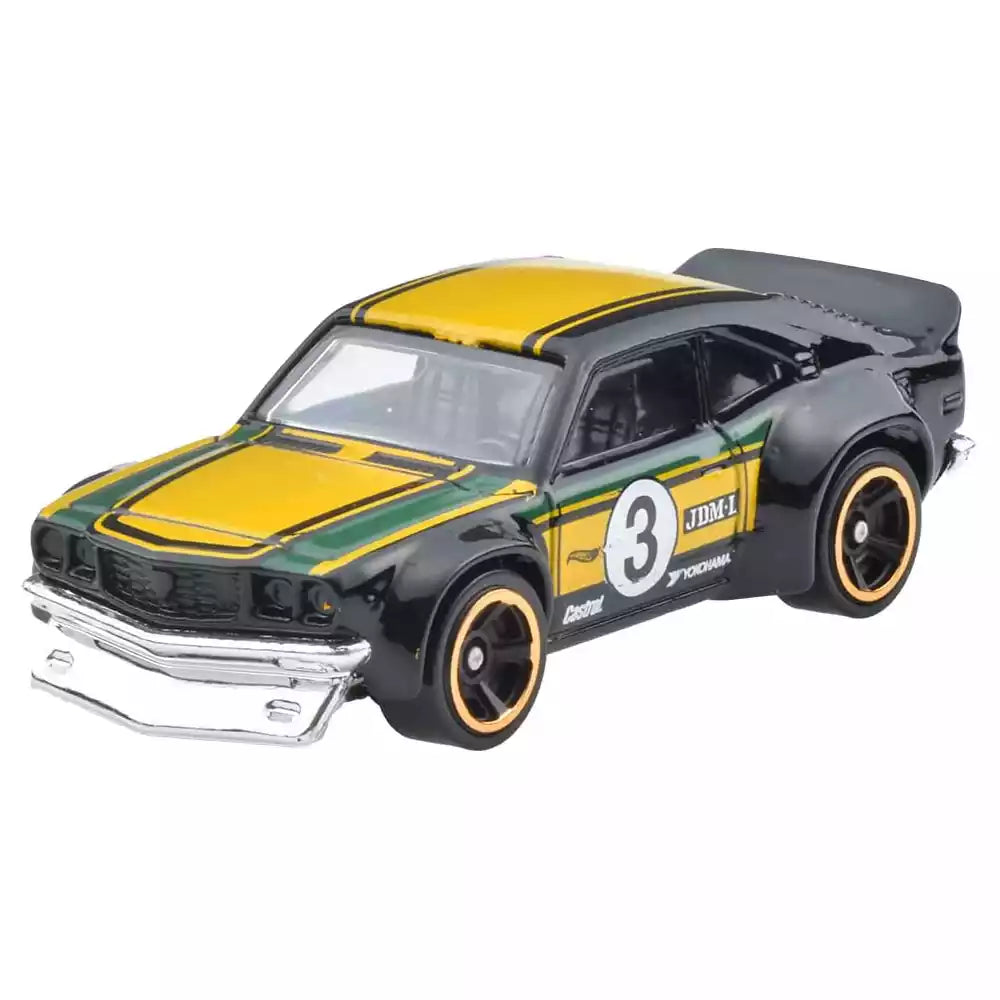 1/64 MAZDA RX-3 BLACK AND YELLOW W/GREEN STRIPES - HW J-IMPORTS/GREENW/GREEN