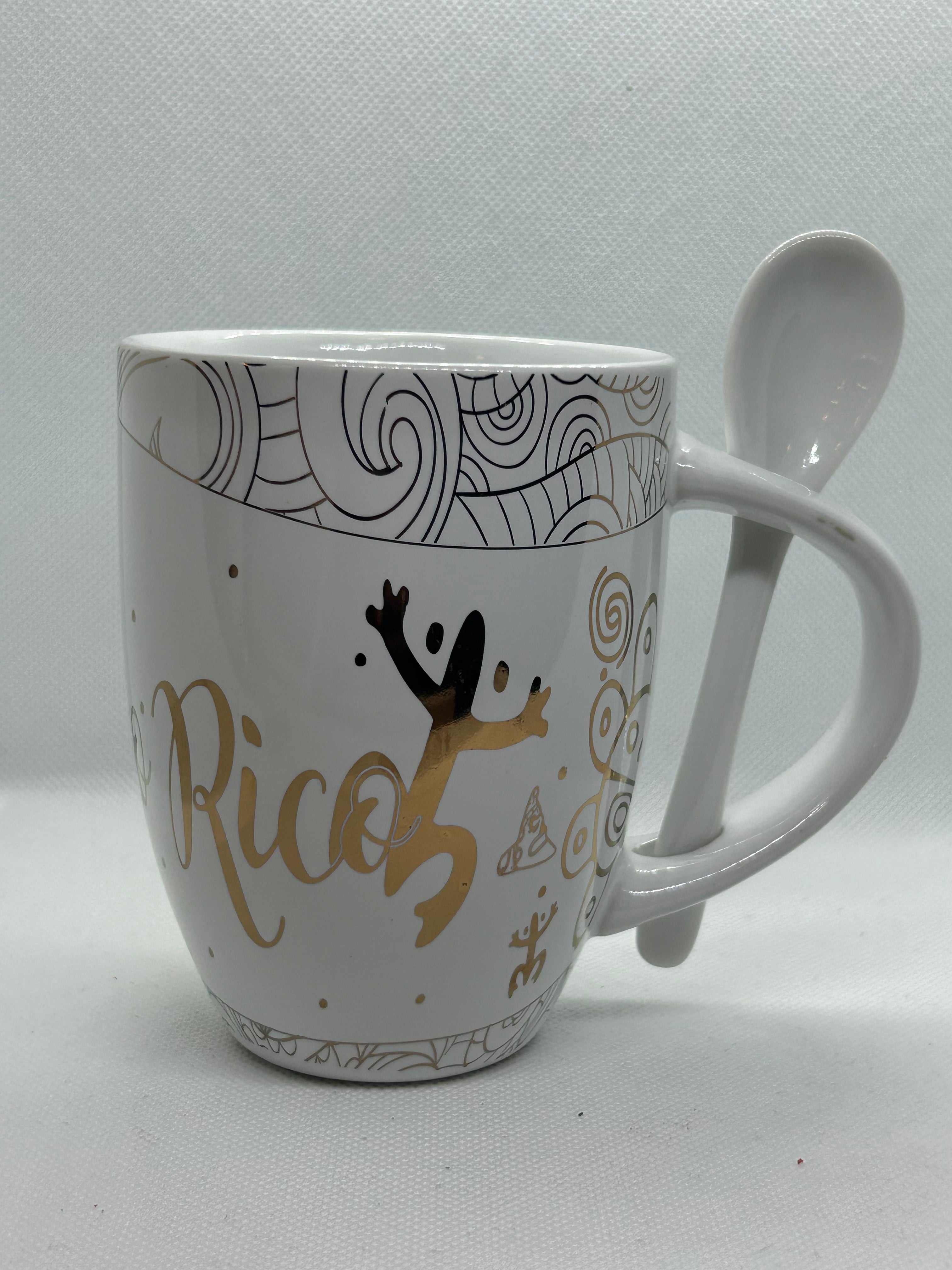 TAZA CON CUCHARA - BLANCO CON LETRAS ORO