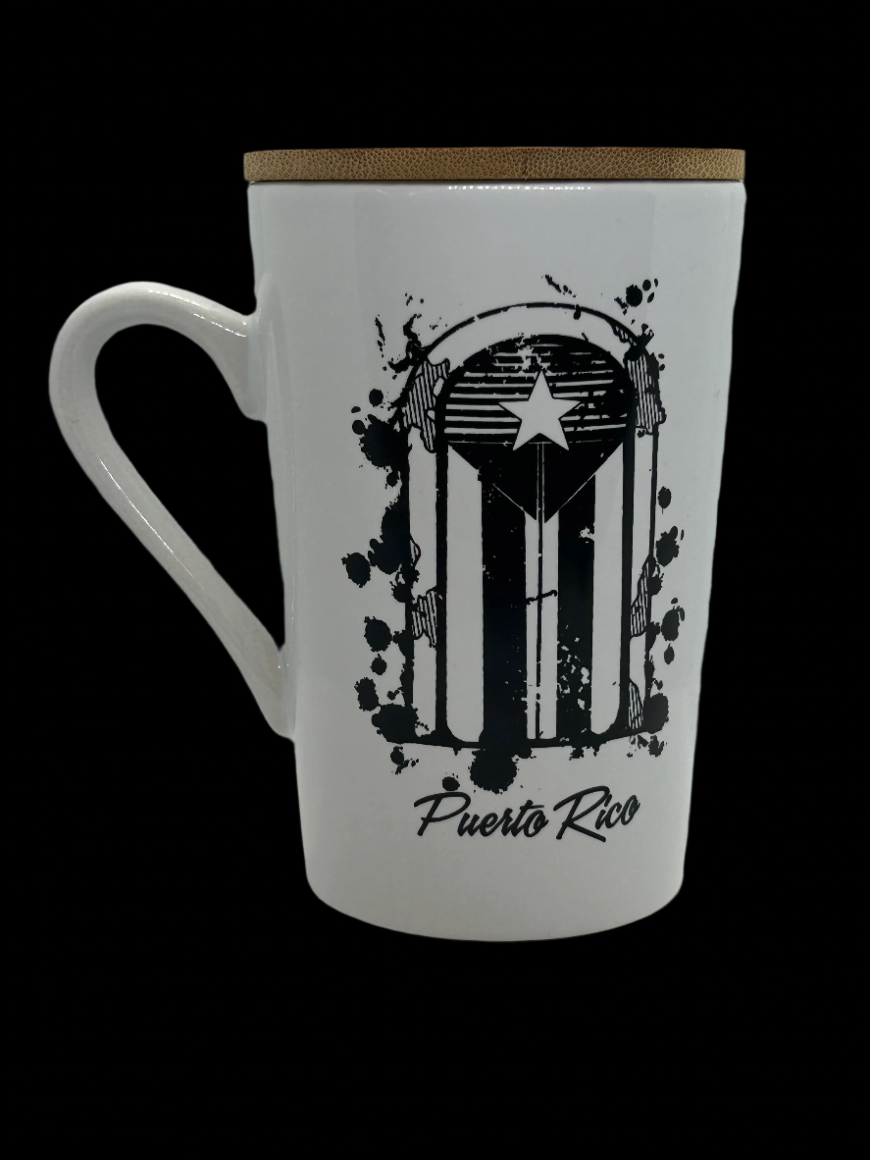TAZA BLANCA CON CUCHARA Y TAPA EN MADERA CON DISEÑOS DE PUERTO RICO