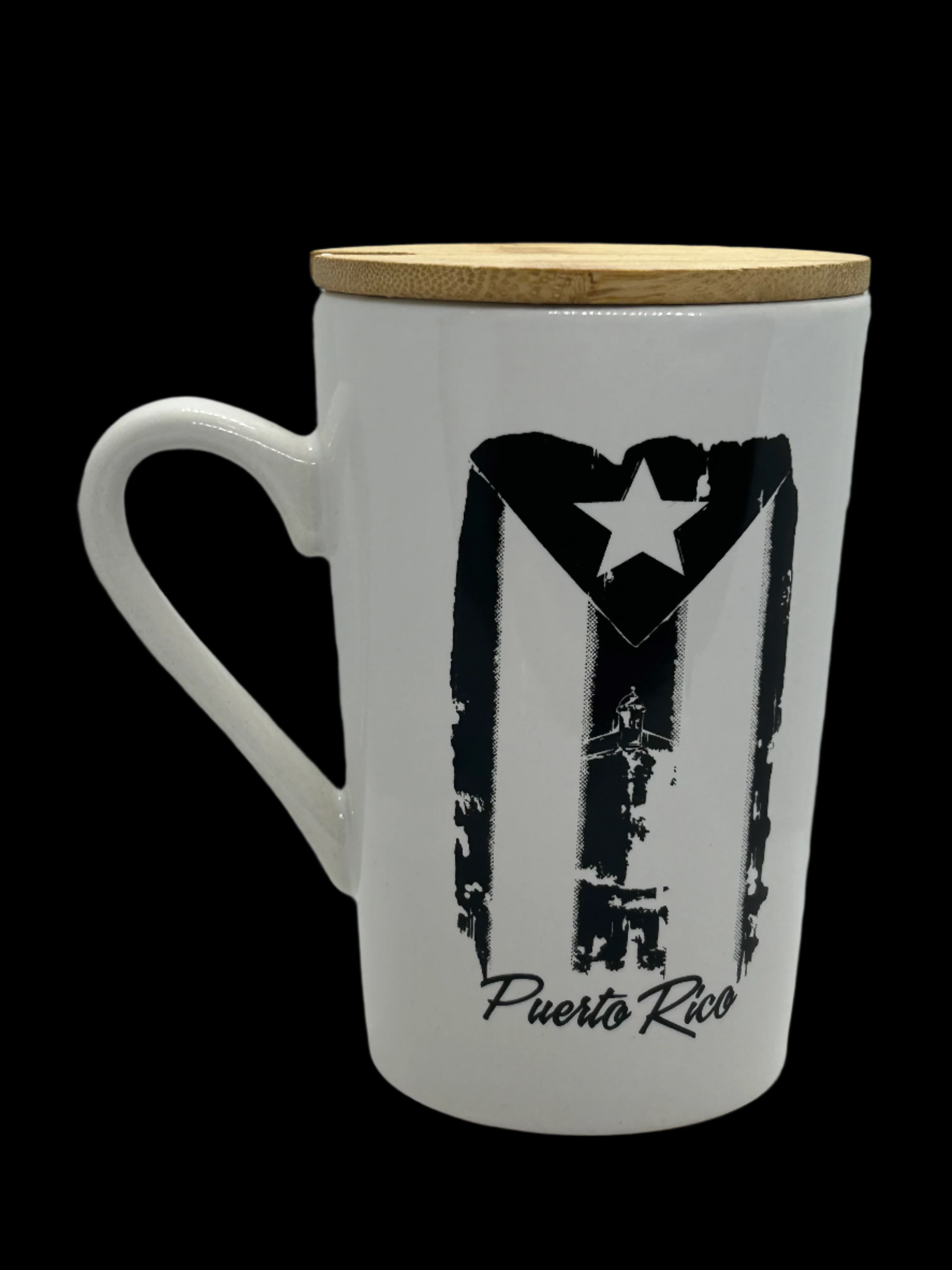 TAZA BLANCA CON CUCHARA Y TAPA EN MADERA CON DISEÑOS DE PUERTO RICO