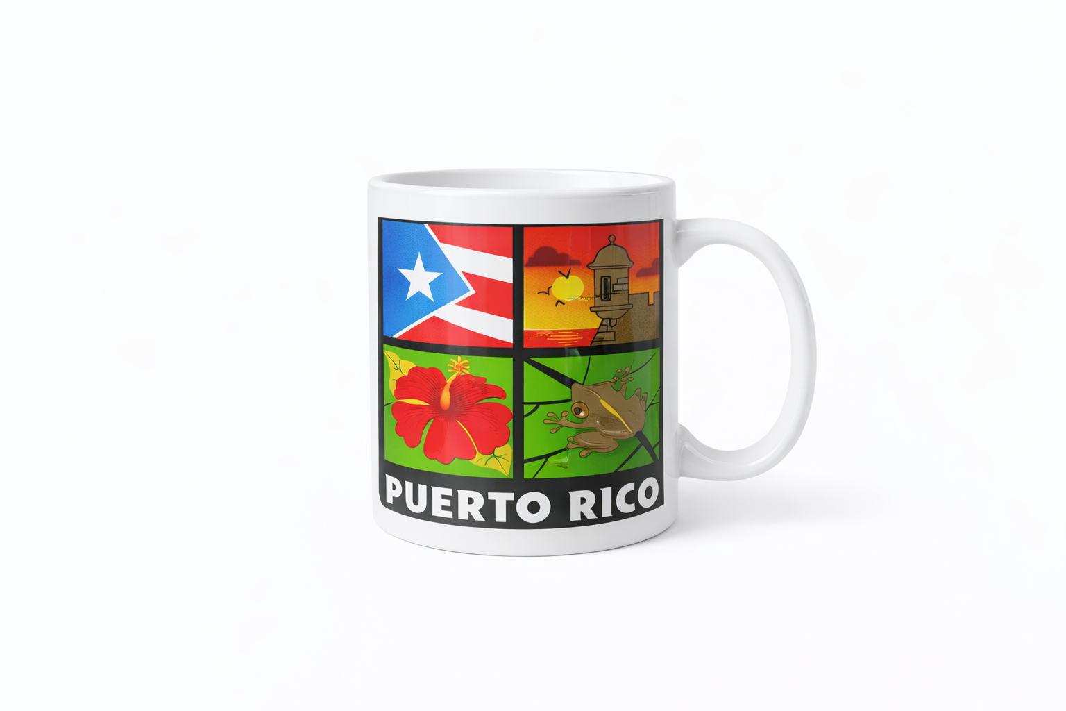 TAZA DE PUERTO RICO CON BANDERA/ GARITA DEL MORRO / FLOR DE MAGA / COQUI - COFFE MUG OF PUERTO RICO WITH FLAG / GARITA DEL MORRO & COQUI.