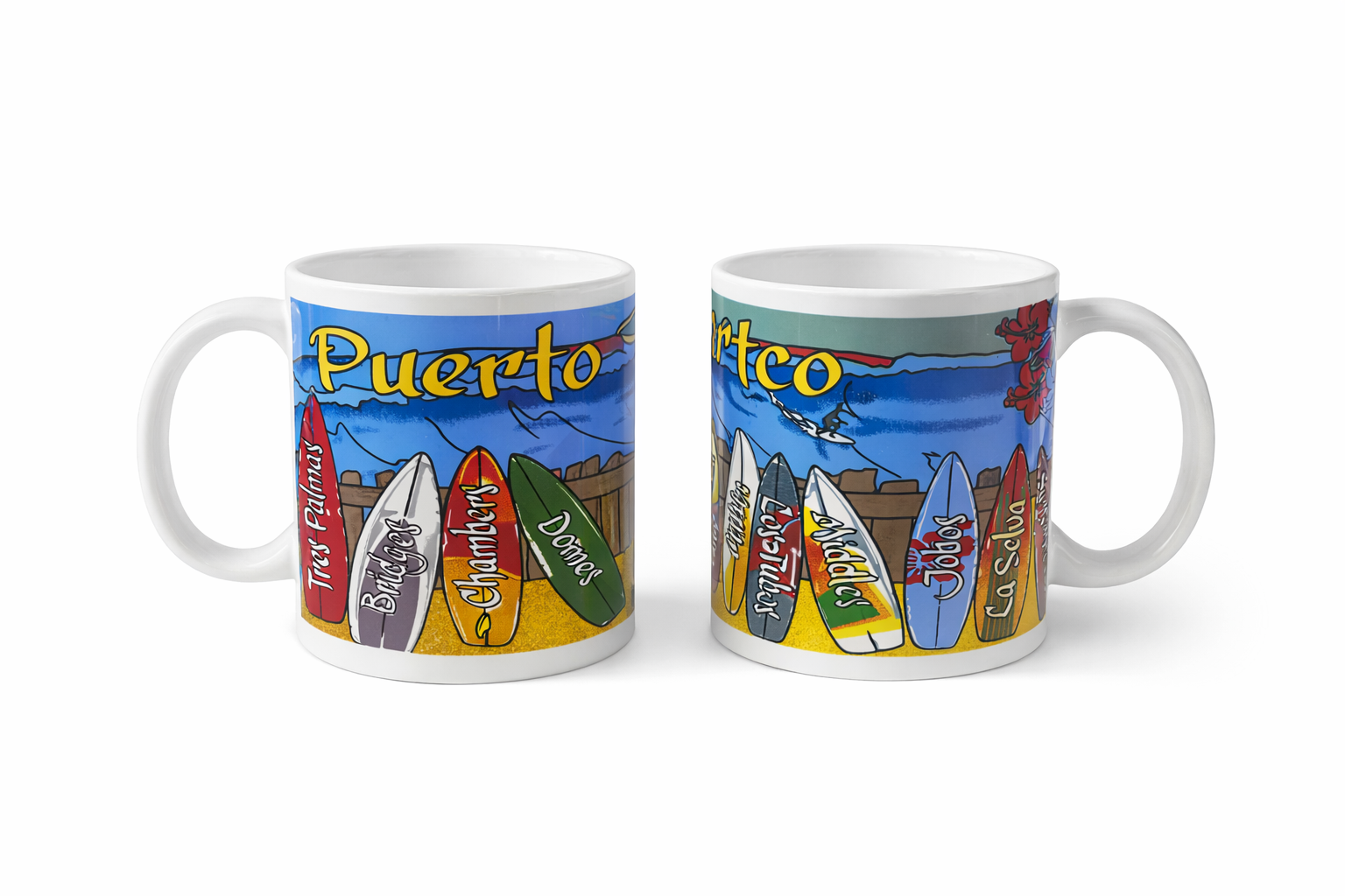 TAZA DE PUERTO RICO CON TABLAS DE SURFING Y NOMBRE DE PLAYAS - PUERTO RICO MUG WITH SURFING BOARDS WITH BEACHES NAMES.