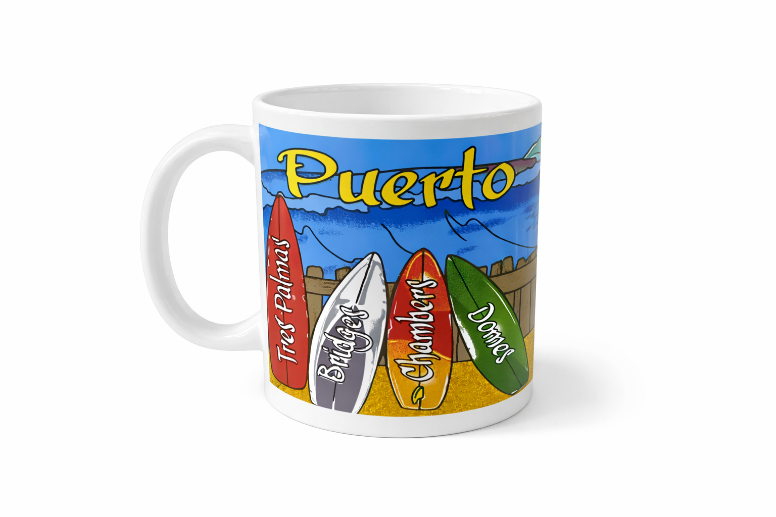 TAZA DE PUERTO RICO CON TABLAS DE SURFING Y NOMBRE DE PLAYAS - PUERTO RICO MUG WITH SURFING BOARDS WITH BEACHES NAMES.