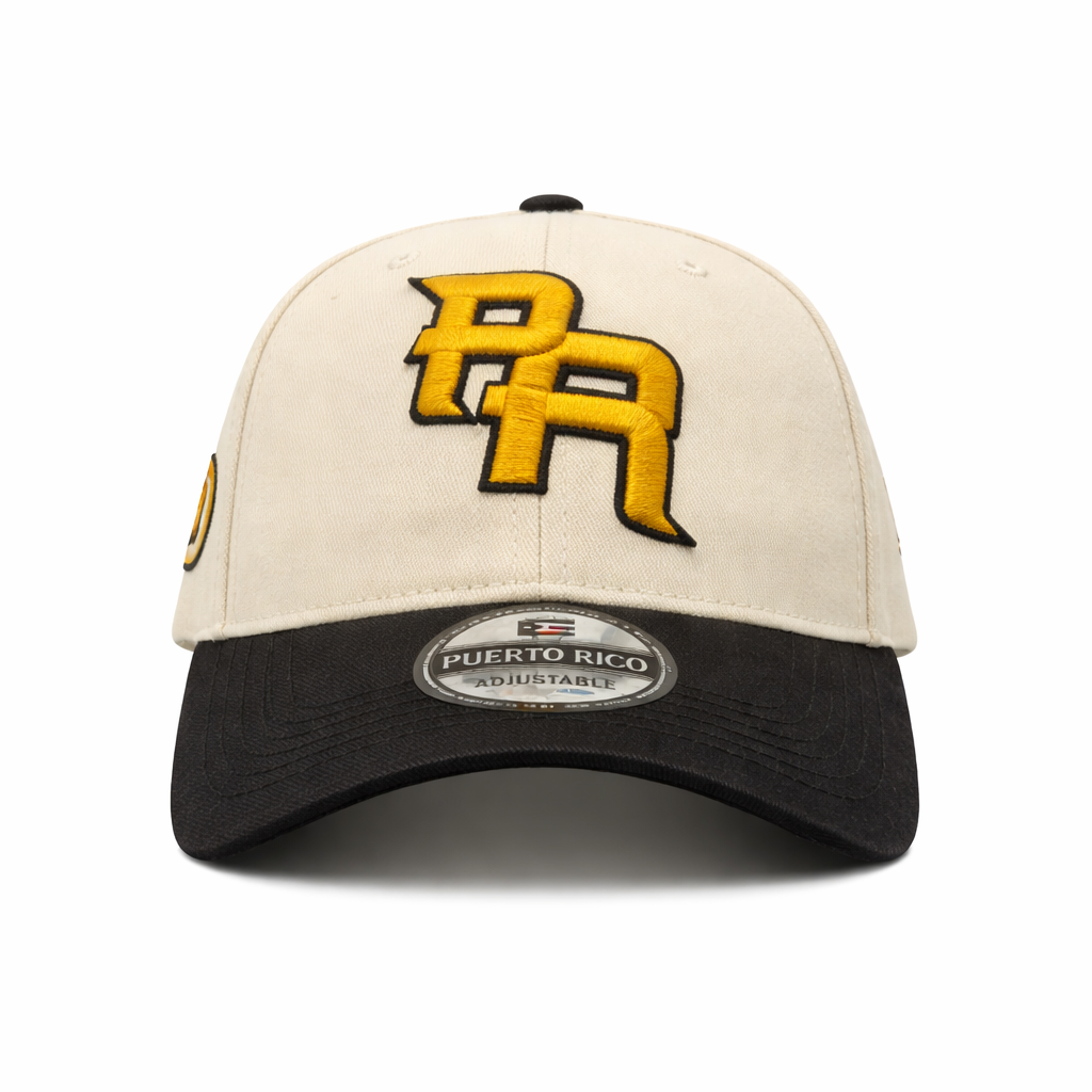 GORRA DE PUERTO RICO - CREMA CON VICERA NEGRA Y LETRAS AMARILLA - PUERTO RICO CAP BEIGE & BLACK WITH YELLOW LETTERS