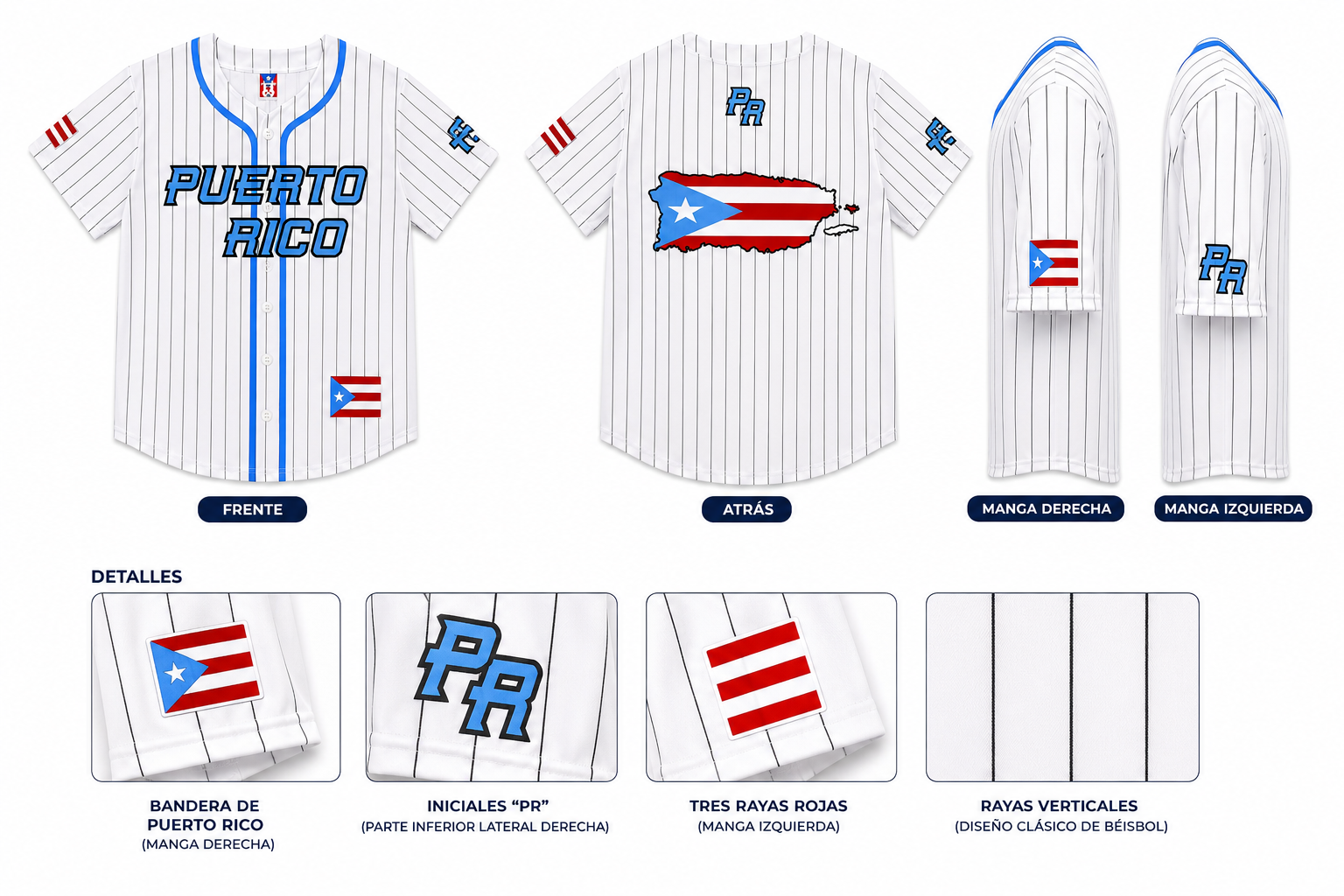 PUERTO RICO BASEBALL WHITE JERSEY WITH BLUE STRIPES - ADULT SIZE