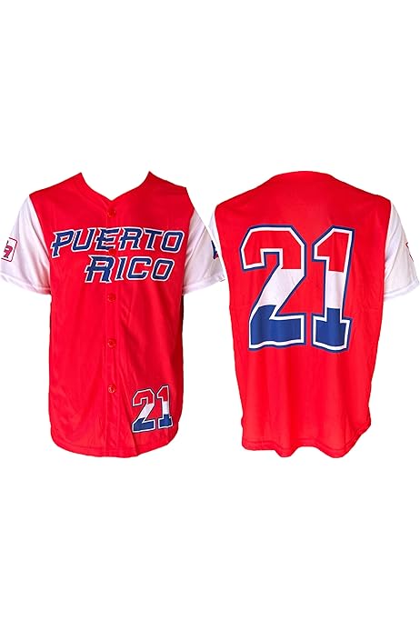 PUERTO RICO RED BASEBALL JERSEY - JERSEY DE PELOTA ROJO DE PUERTO RICO. #21 ROBERTO CLEMENTE
