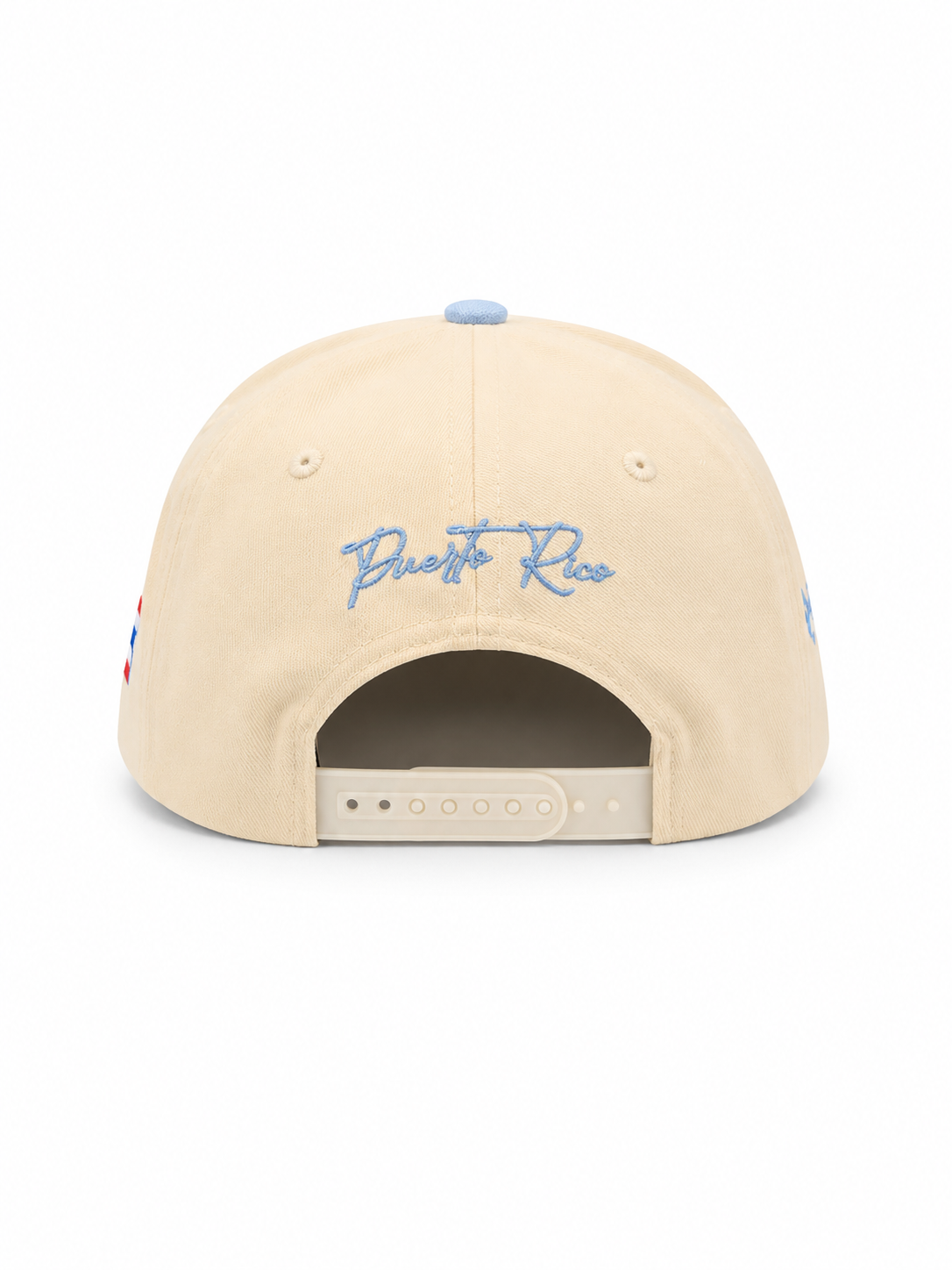 GORRA DE PUERTO RICO - CREMA CON VICERA Y LETRAS AZUL CLARO - PUERTO RICO CAP BEIGE WITH BABY BLUE VICER AND LETTERS.
