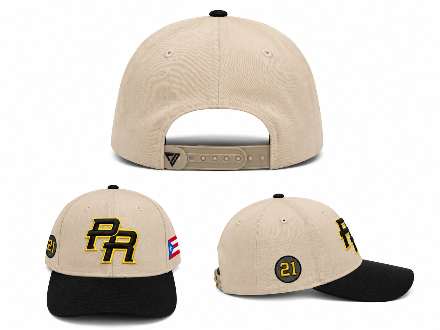 GORRA DE PUERTO RICO - CREMA CON VICERA NEGRA Y LETRAS NEGRAS CON BORDE DE LETRA AMARILLO - PUERTO RICO CAP BEIGE & BLACK WITH BLACK LETTERS & YELLOW OUTLINE LETTERS
