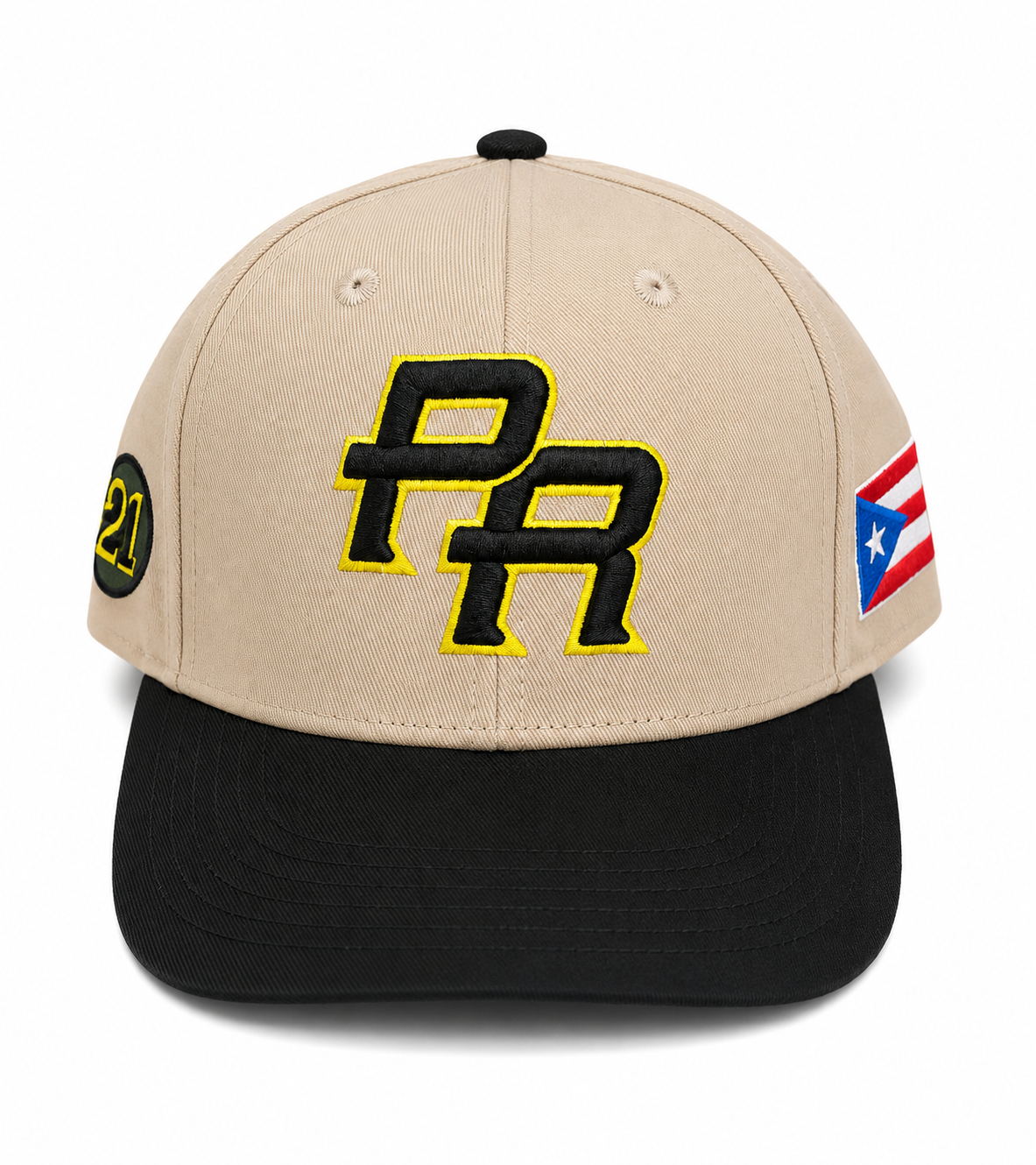GORRA DE PUERTO RICO - CREMA CON VICERA NEGRA Y LETRAS NEGRAS CON BORDE DE LETRA AMARILLO - PUERTO RICO CAP BEIGE & BLACK WITH BLACK LETTERS & YELLOW OUTLINE LETTERS