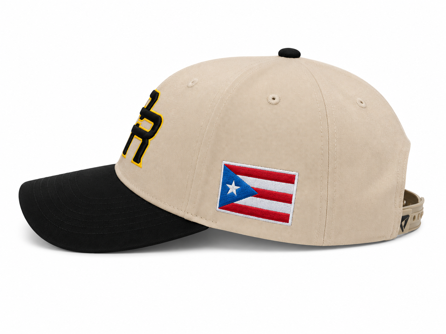 GORRA DE PUERTO RICO - CREMA CON VICERA NEGRA Y LETRAS NEGRAS CON BORDE DE LETRA AMARILLO - PUERTO RICO CAP BEIGE & BLACK WITH BLACK LETTERS & YELLOW OUTLINE LETTERS