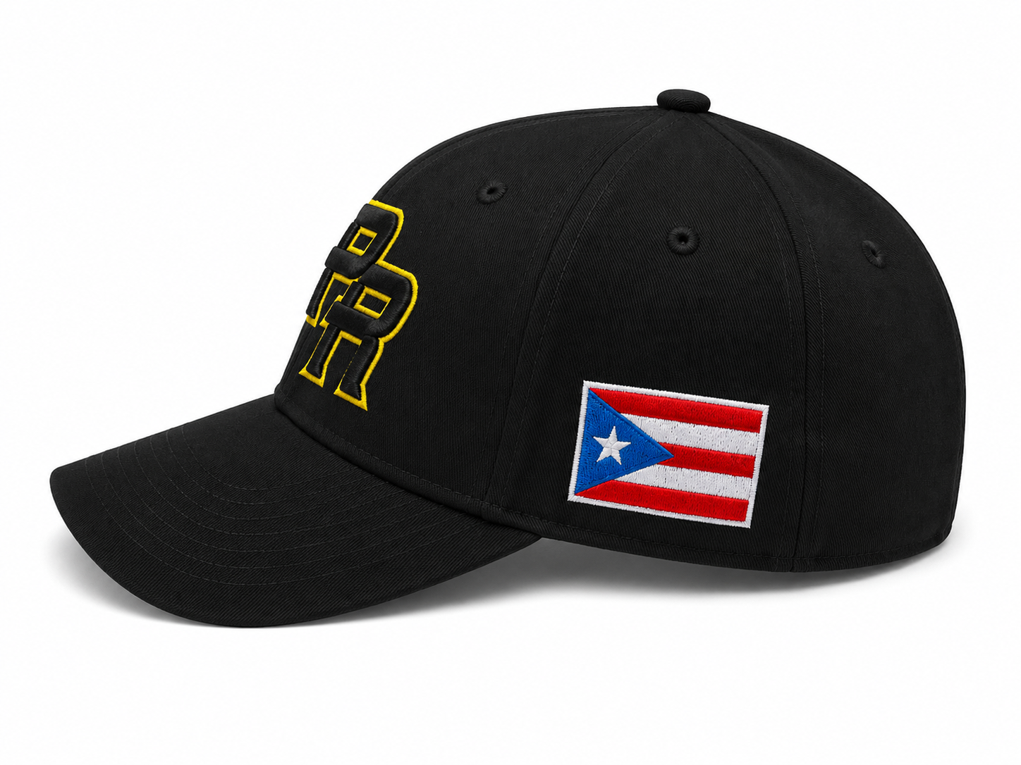 GORRA DE PUERTO RICO NEGRA CON VICERA NEGRA Y LETRAS NEGRAS CON BORDE DE LETRA AMARILLO - PUERTO RICO BLACK CAP & BLACK VICER WITH BLACK LETTERS & YELLOW OUTLINE LETTERS