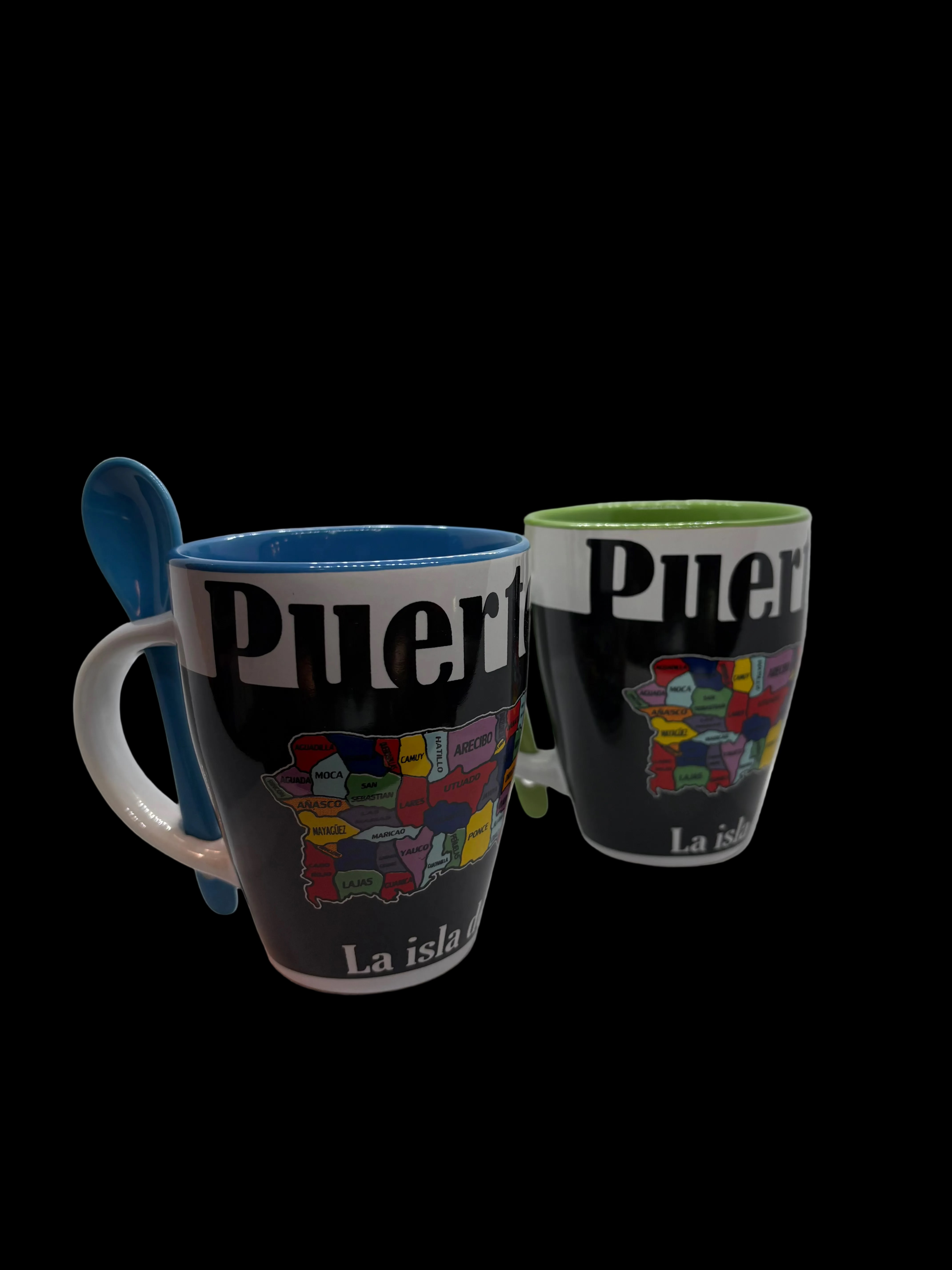 TAZA BLANCA CON CUCHARA / DISEÑO DE MAPA CON PUEBLOS