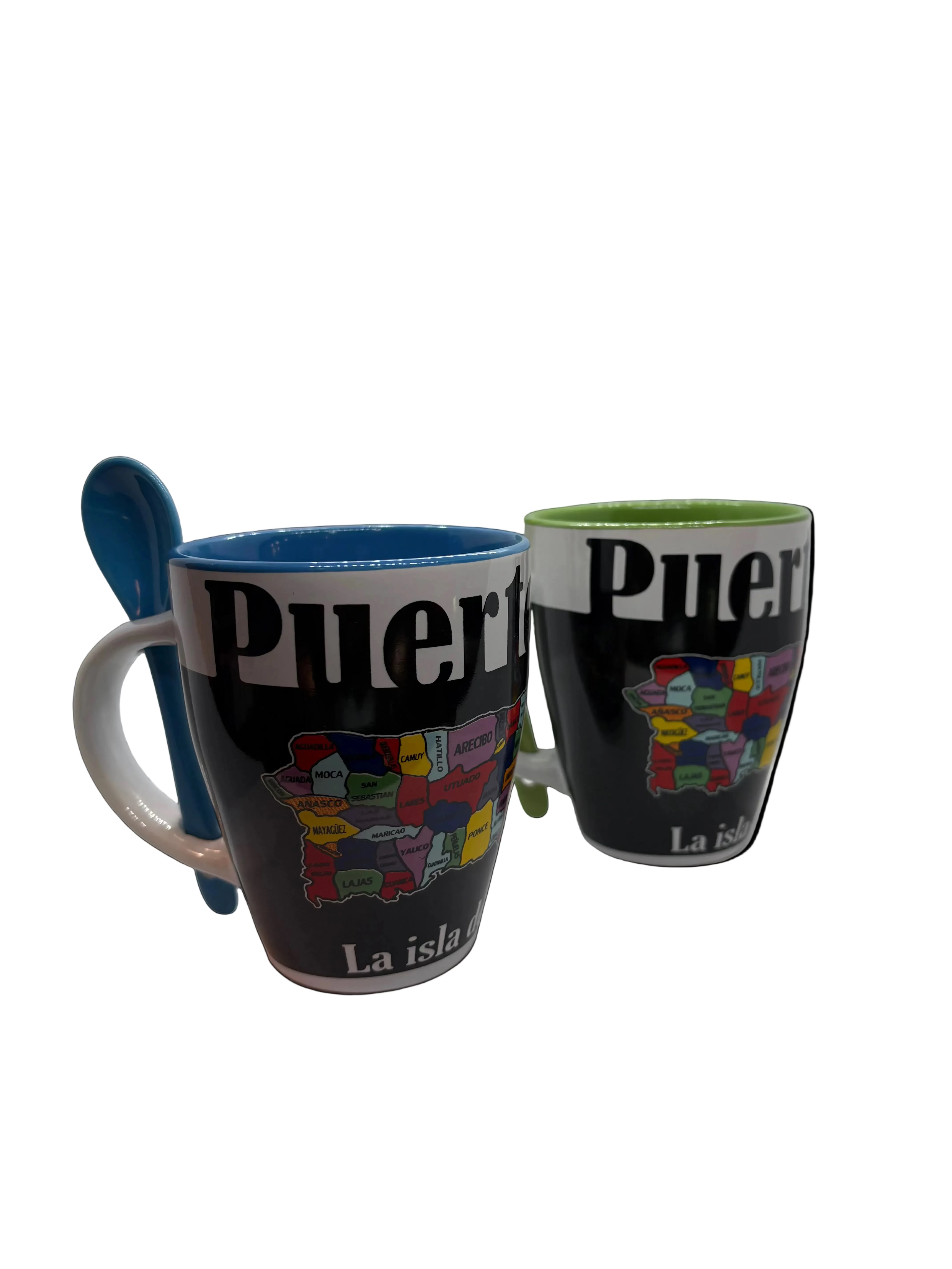 TAZA BLANCA CON CUCHARA / DISEÑO DE MAPA CON PUEBLOS