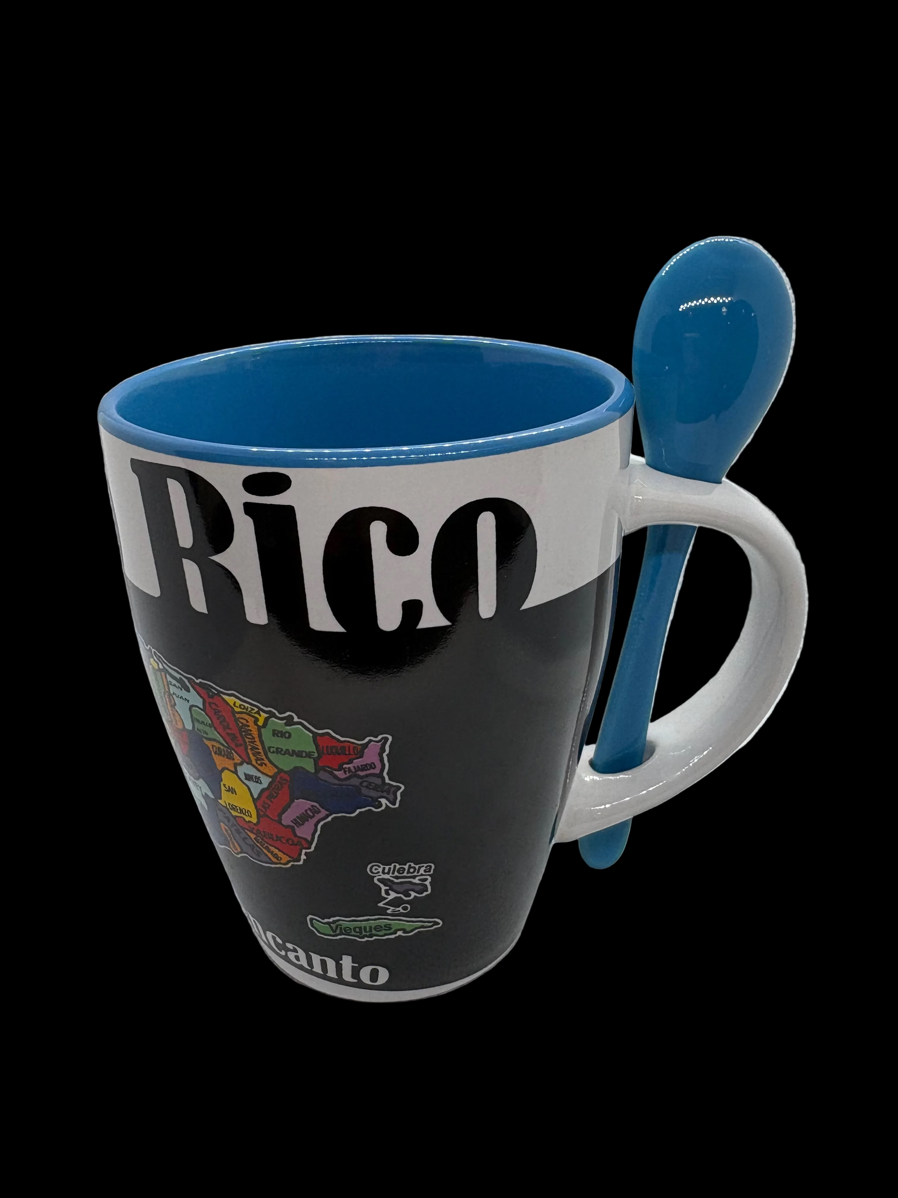 TAZA BLANCA CON CUCHARA / DISEÑO DE MAPA CON PUEBLOS