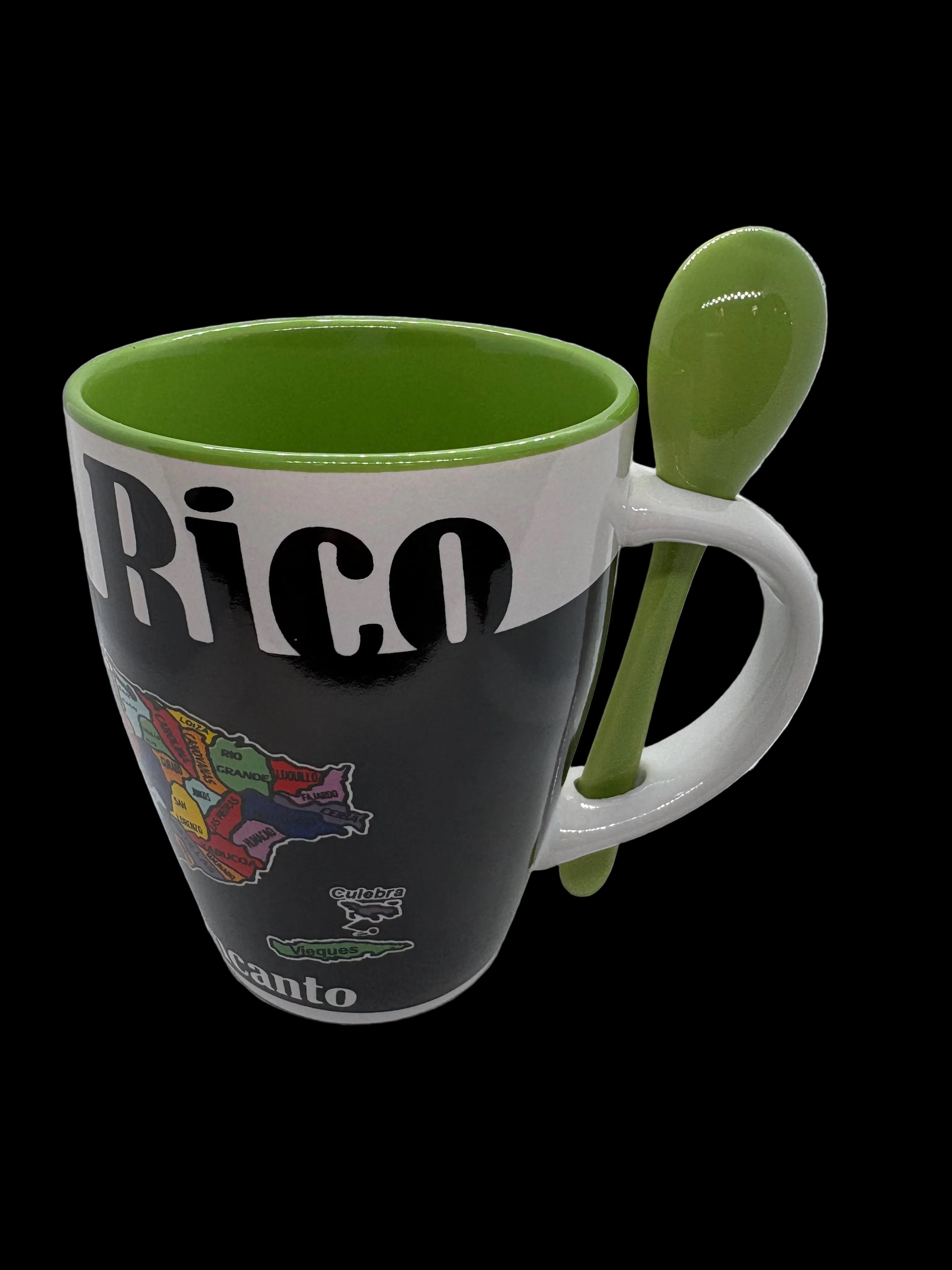 TAZA BLANCA CON CUCHARA / DISEÑO DE MAPA CON PUEBLOS