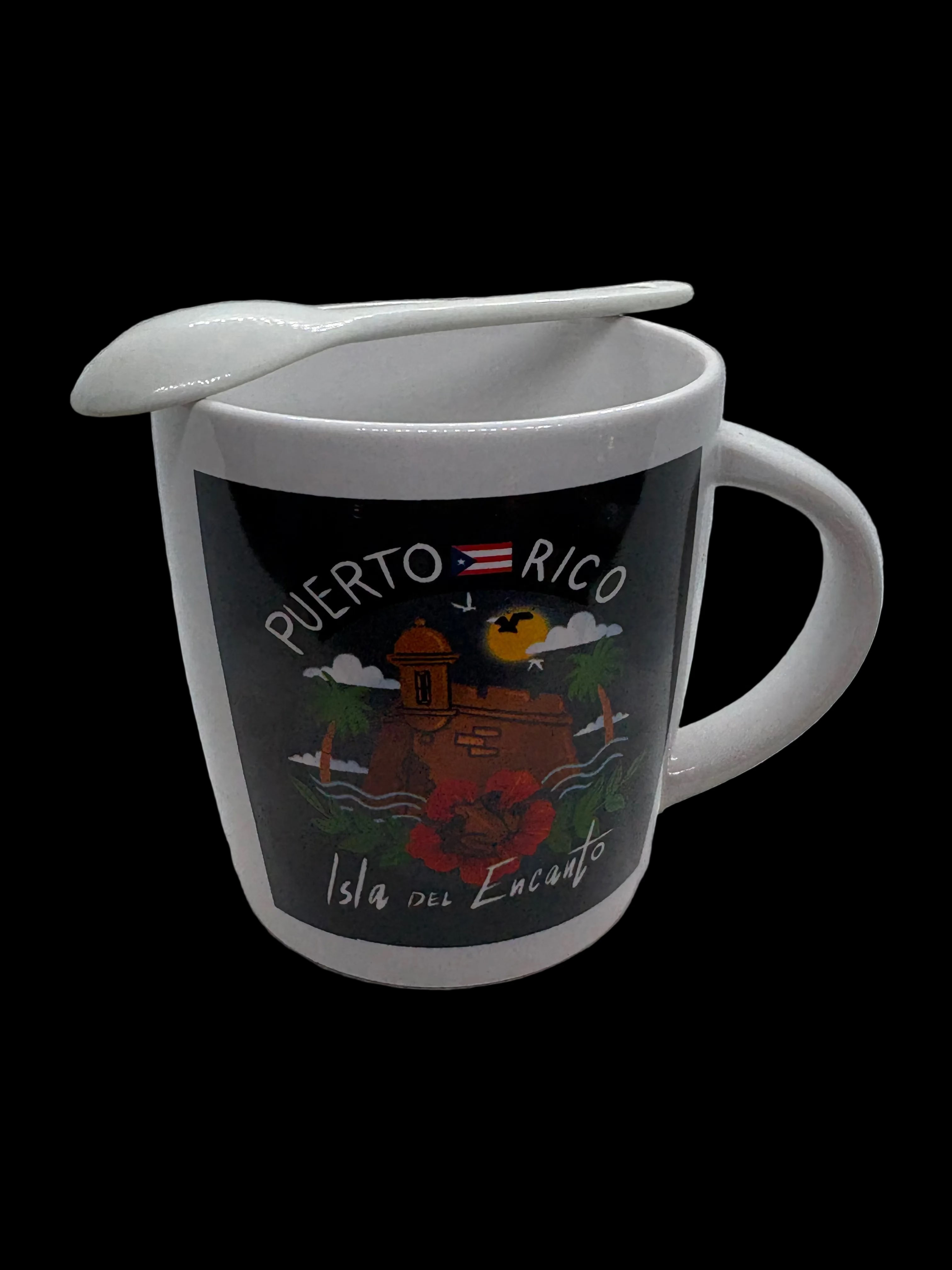 TAZA CON CUCHARA GARITA DEL MORRO, FLOR DE MAGA, COQUI Y BANDERA DE PUERTO RICO