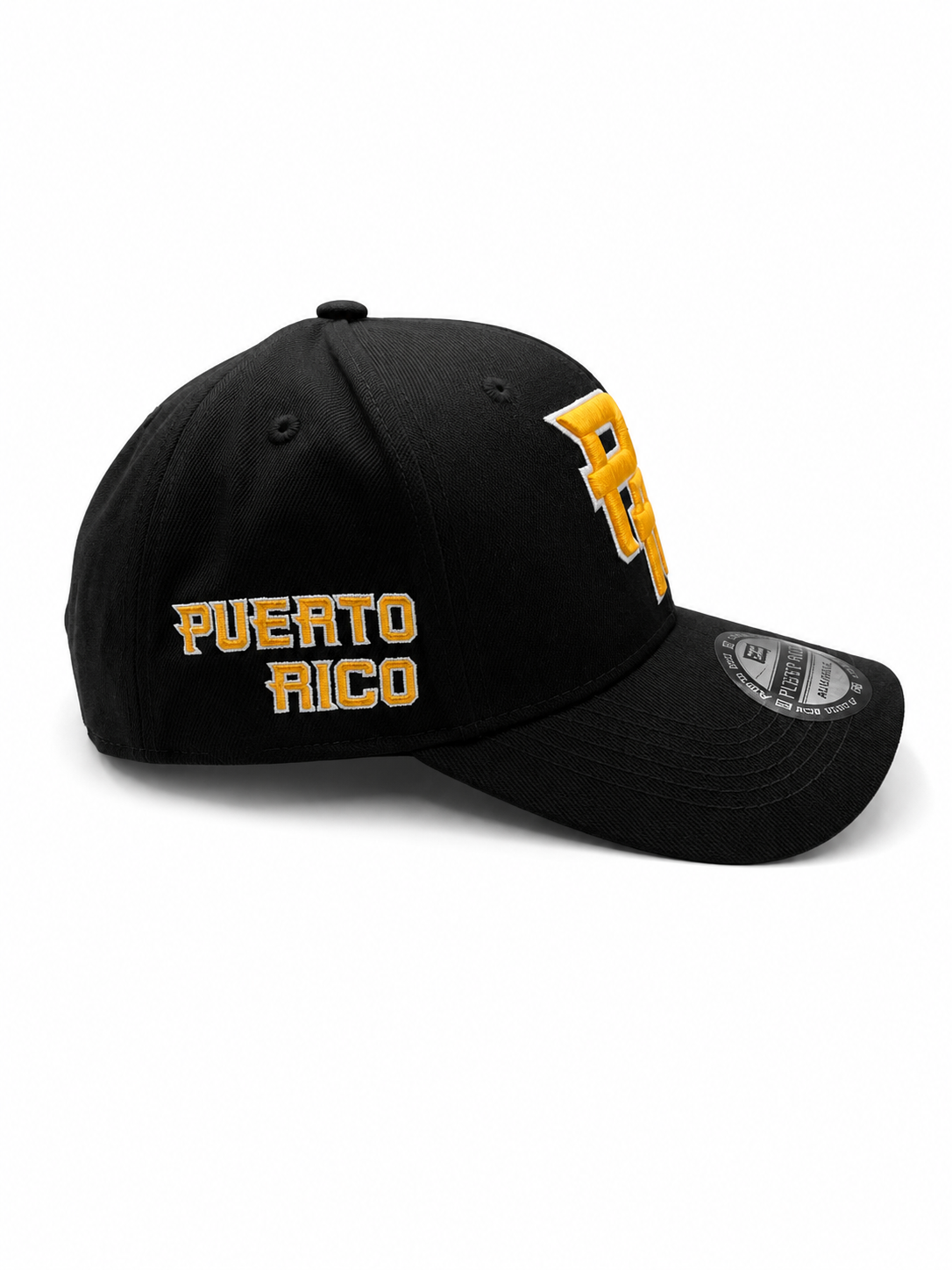 GORRA DE PUERTO RICO - NEGRA Y LETRAS AMARILLAS CON BORDE DE LETRA BLANCO - PUERTO RICO CAP BLACK WITH YELLOW LETTERS & WHITE OUTLINE LETTERS