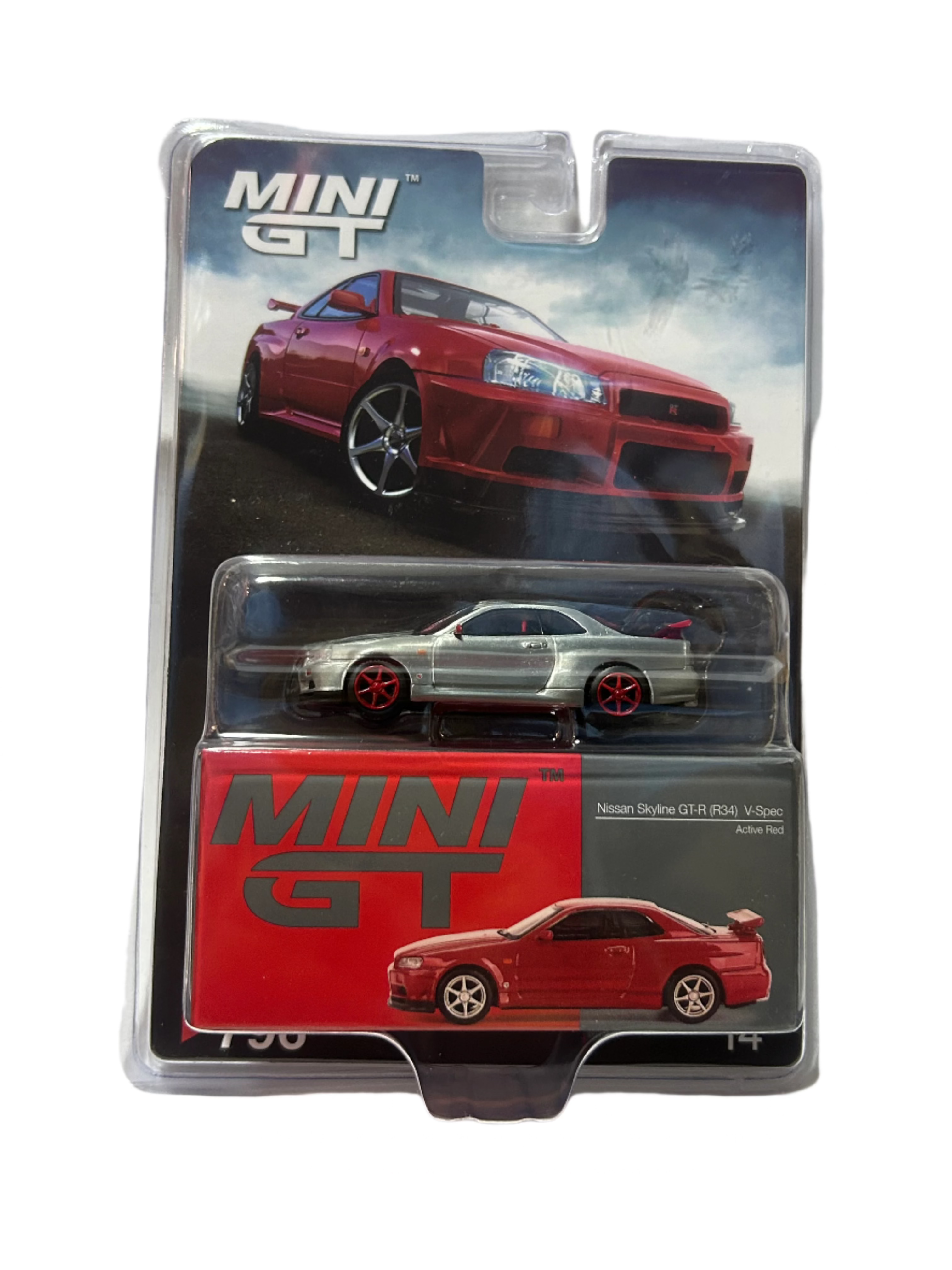 1/64 NISSAN SKYLINE GT-R (R34) V-SPEC ACTIVE RED (CHASE "RAW") - MINI GT