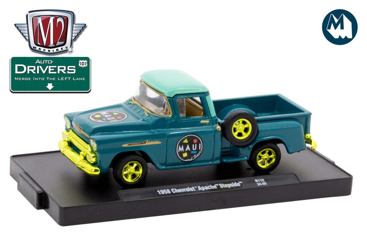 1/64 1958 CHEVROLET APACHE STEPSIDE “CHASE” (GREEN RIMS) MAUI AND SONS - M2 MACHINES
