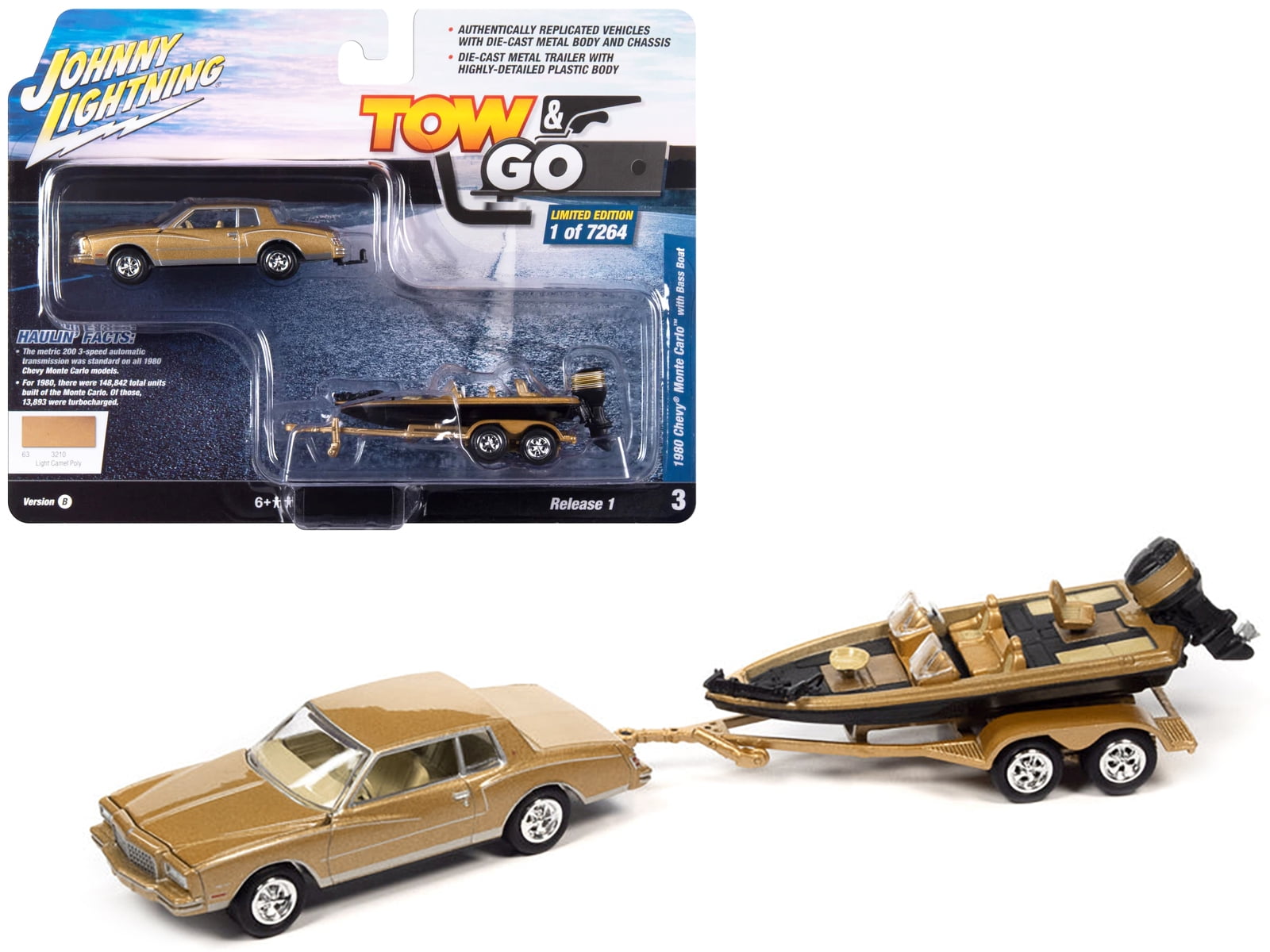 1/64 1980 CHEVROLET MONTE CARLO W/BASS BOAT LOGTH CAMEL POLY - TOW & GO