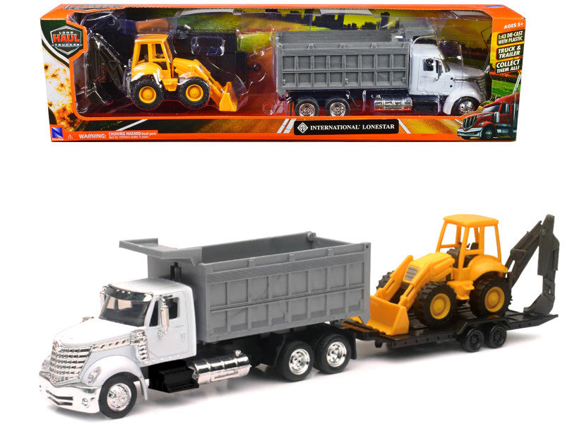 CAMIÓN VOLQUETE Y EXCAVADORA INTERNATIONAL LONESTAR CON REMOLQUE DE PLATAFORMA - CAMIONERO DE LARGA DISTANCIA
