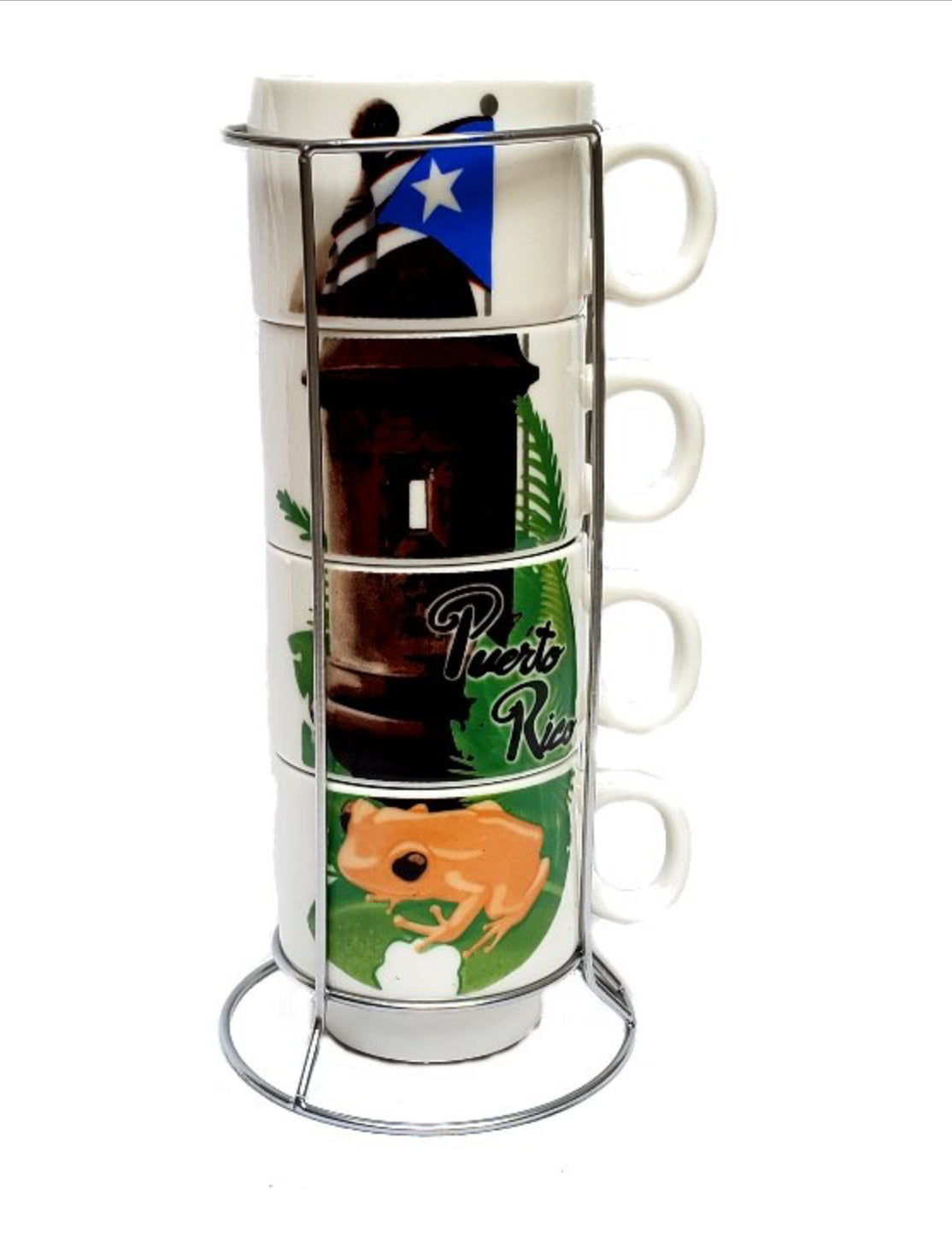 Juego de 4 tazas de café con bandera de Puerto Rico, Garita y Coqui con soporte