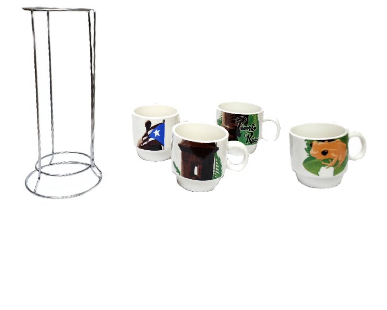 Juego de 4 tazas de café con bandera de Puerto Rico, Garita y Coqui con soporte